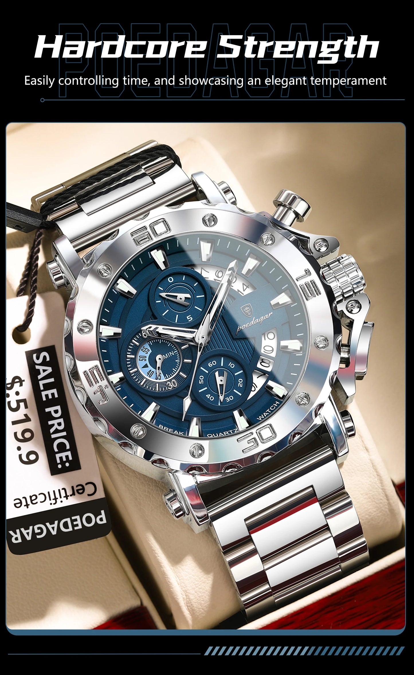 Large Chronograph Watch – Luminous Numberless Dial with Hidden Clasp