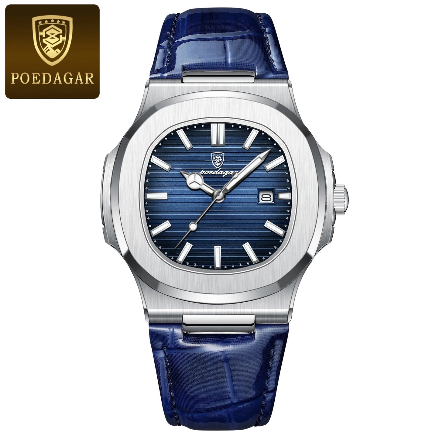 Square Leather Watch – Luminous Dial with Date & Classic Buckle