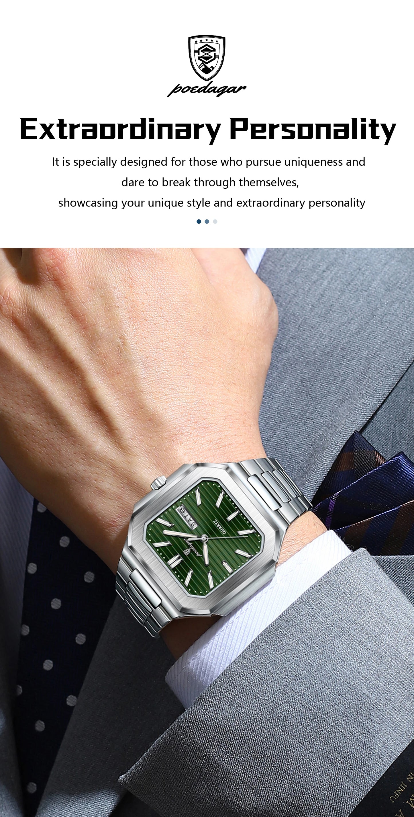 Square Stainless Steel Watch – Luminous Numberless Dial with Hidden Clasp