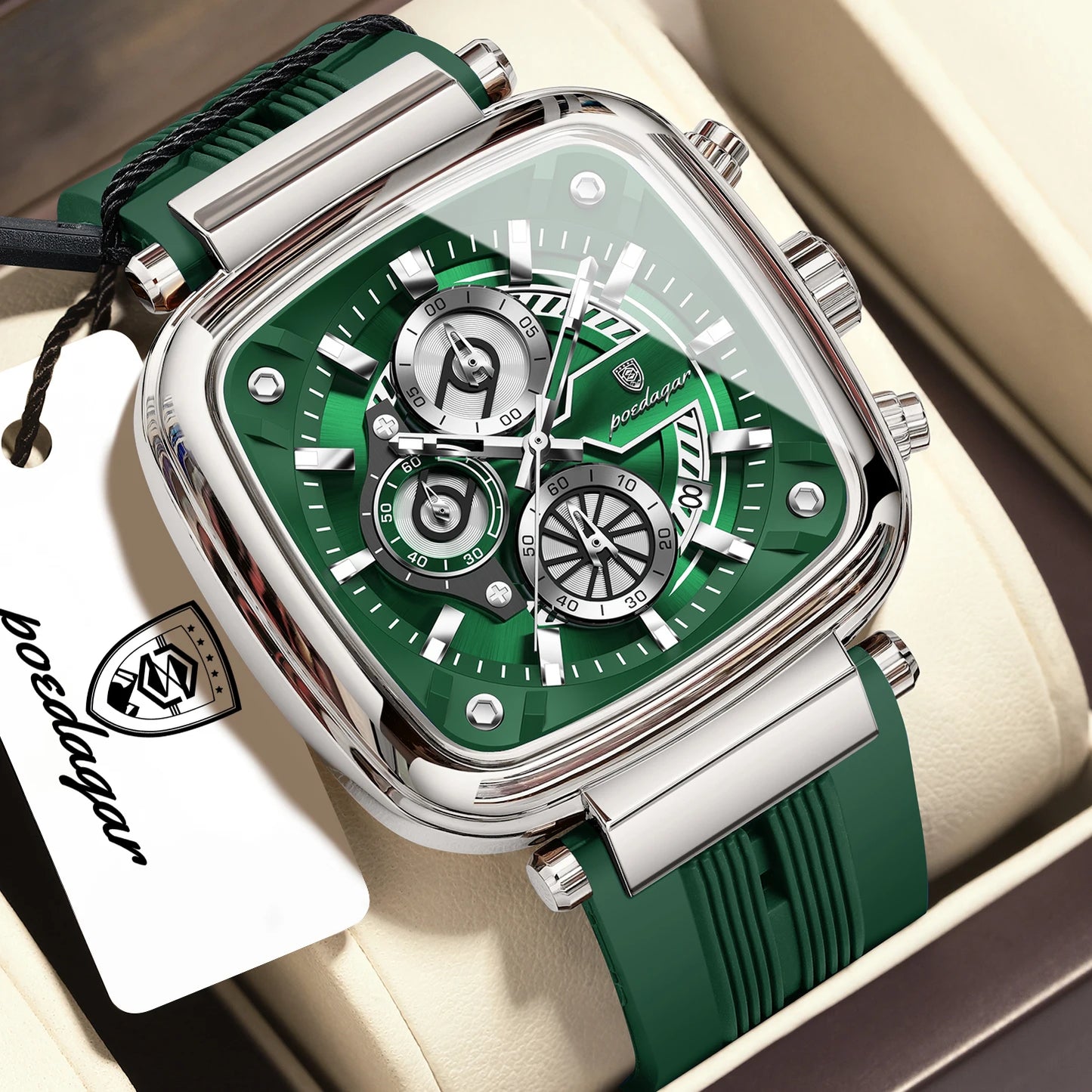 Square Chronograph Sport Watch – Luminous Dial with Silicone Strap & Date