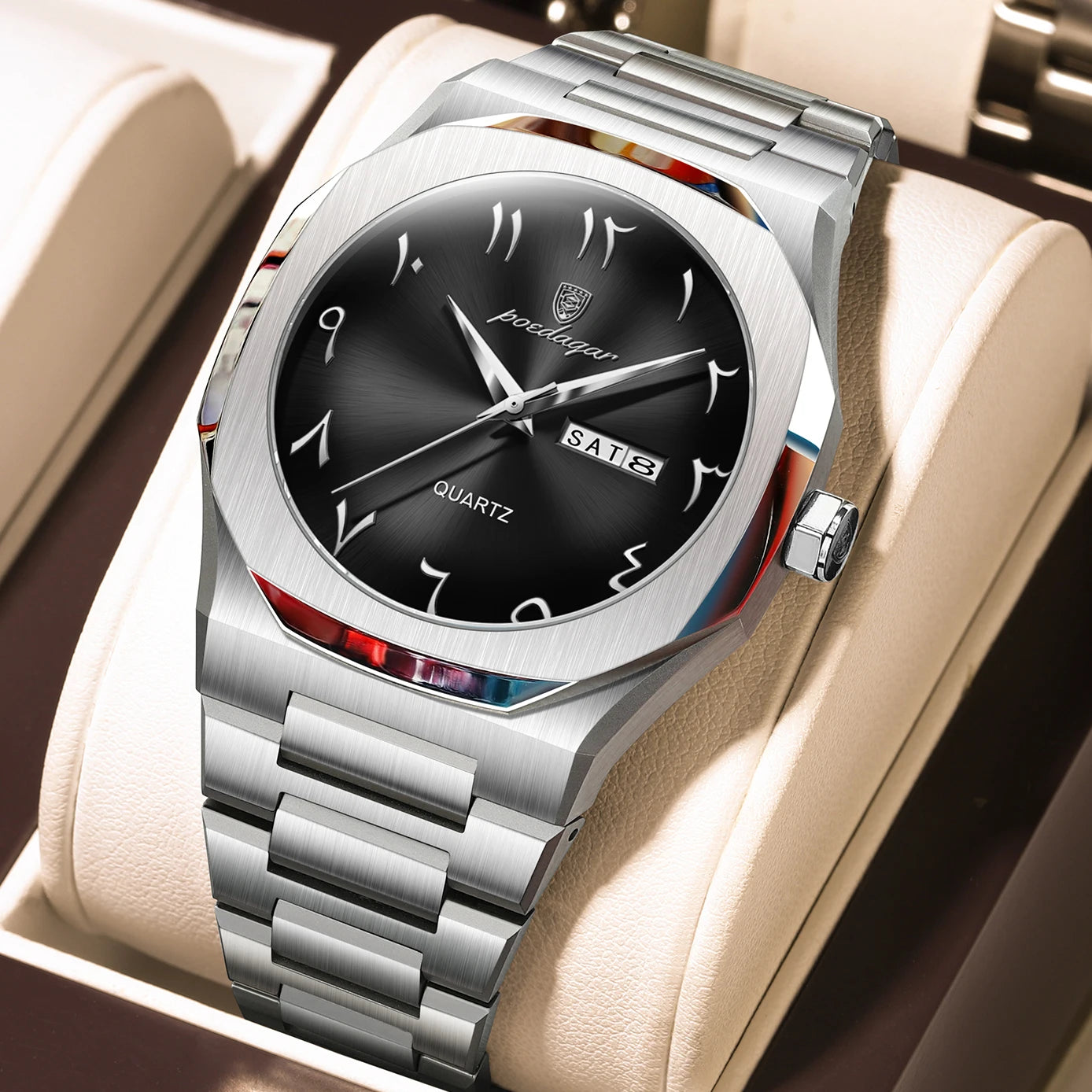 Irregular Shape Stainless Steel Watch – Full Calendar with Date & Week Display
