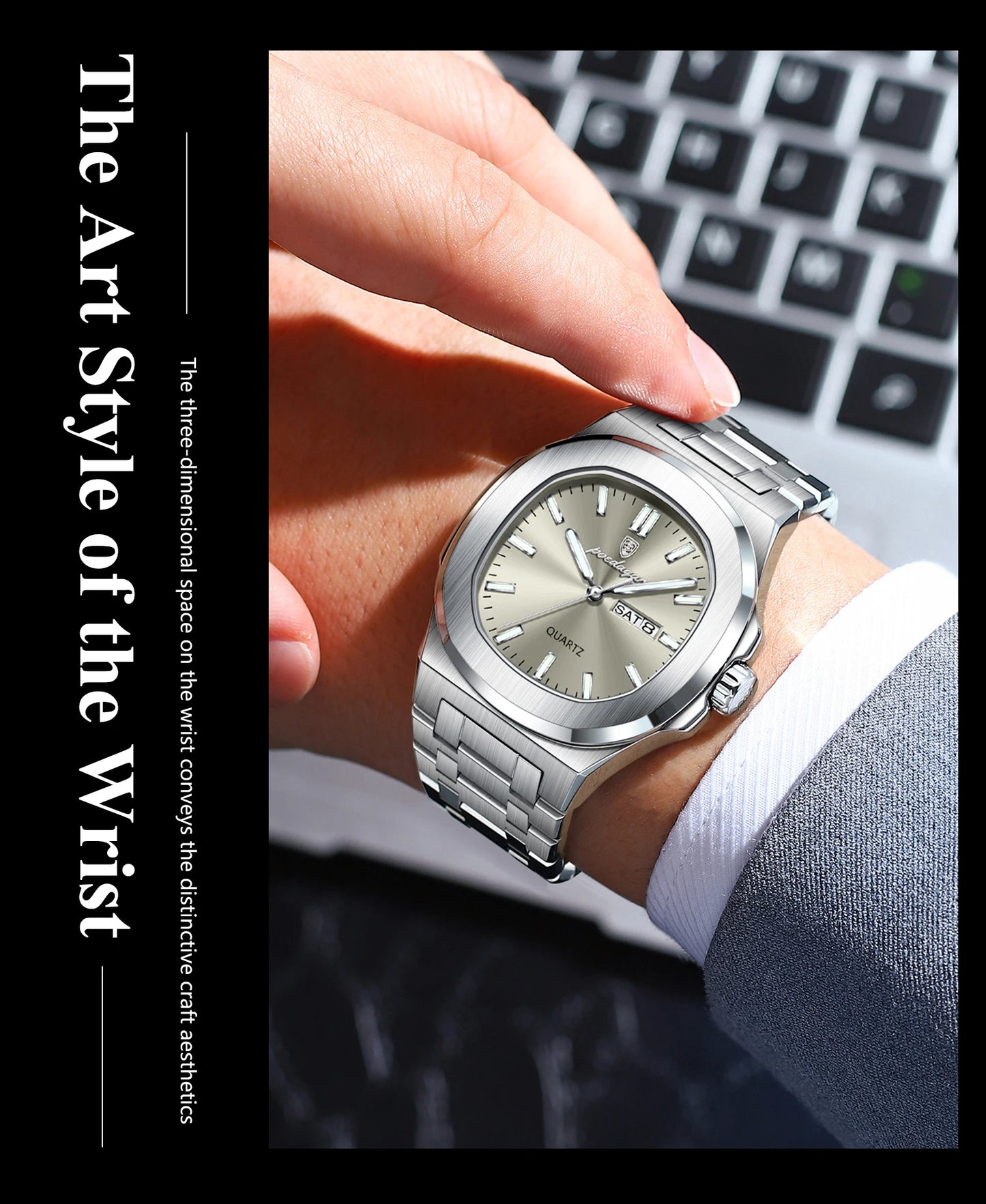 Square Full Calendar Watch – Date & Week Display with Hidden Clasp Bracelet