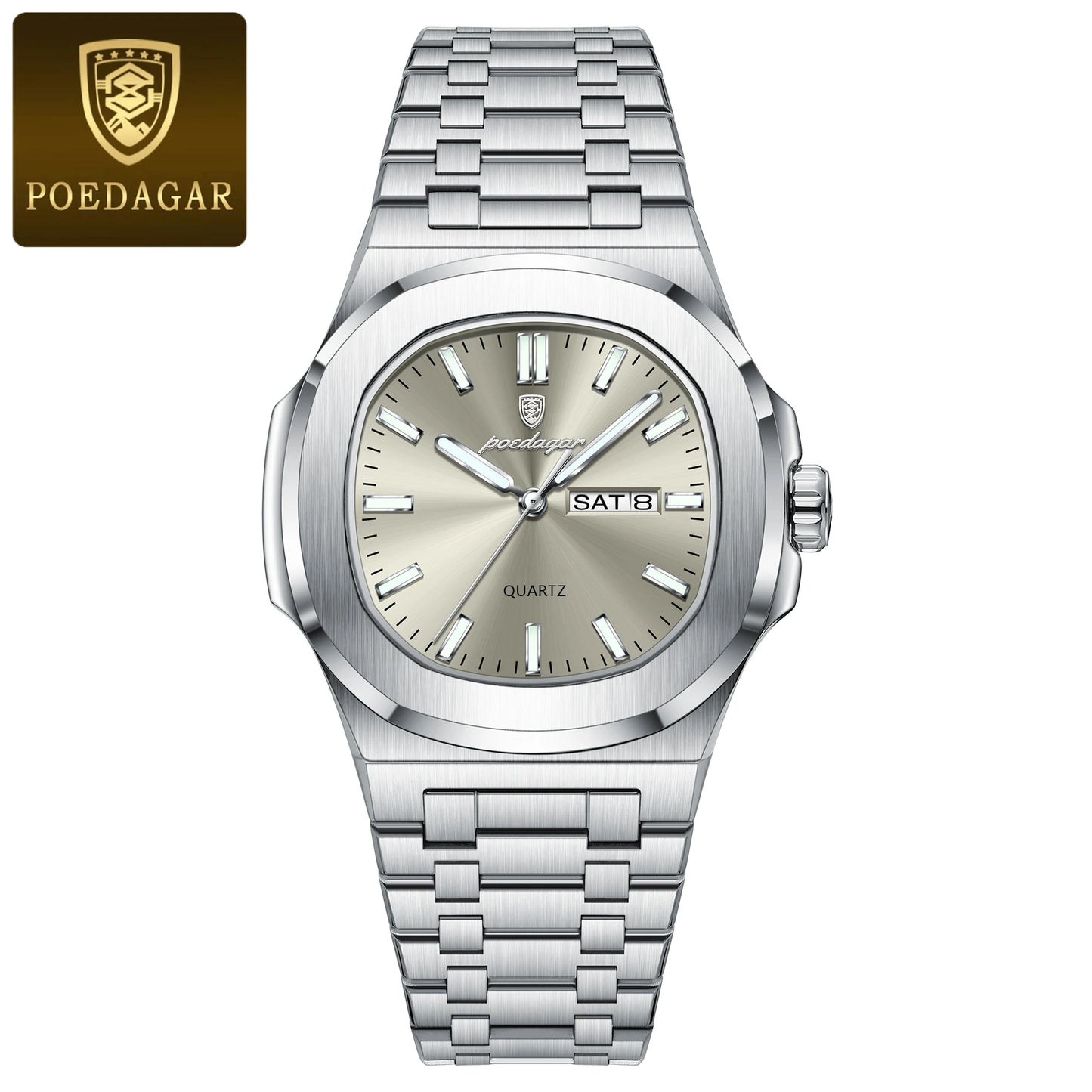 Square Full Calendar Watch – Date & Week Display with Hidden Clasp Bracelet