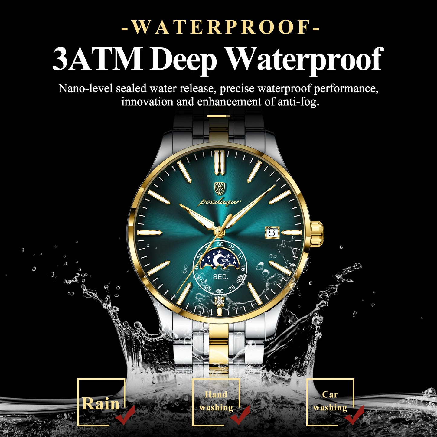 Round Business Chronograph – Slim Stainless Steel Watch with Luminous Hands & Date