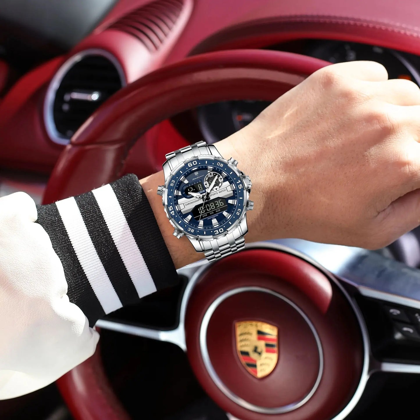 Square Chronograph Watch – Large Numberless Dial with Hidden Clasp Bracelet