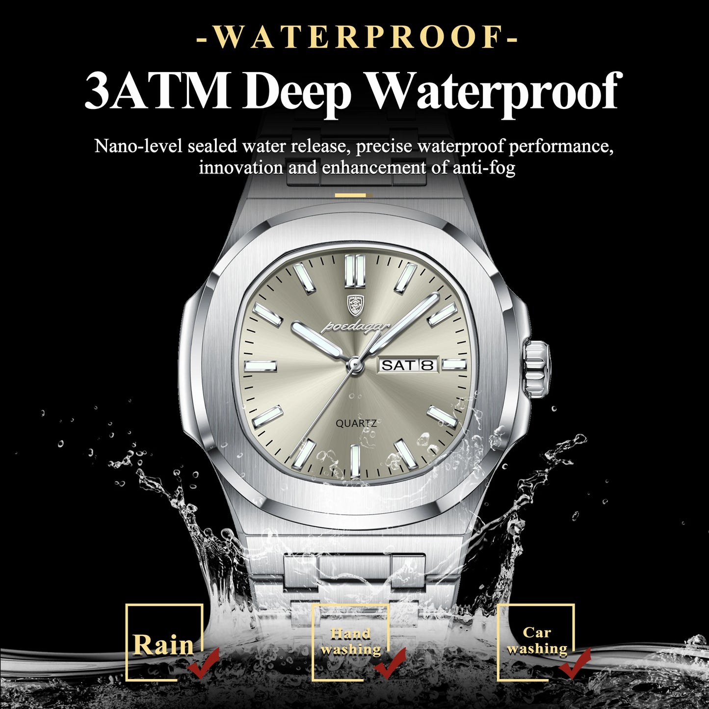 Square Full Calendar Watch – Date & Week Display with Hidden Clasp Bracelet