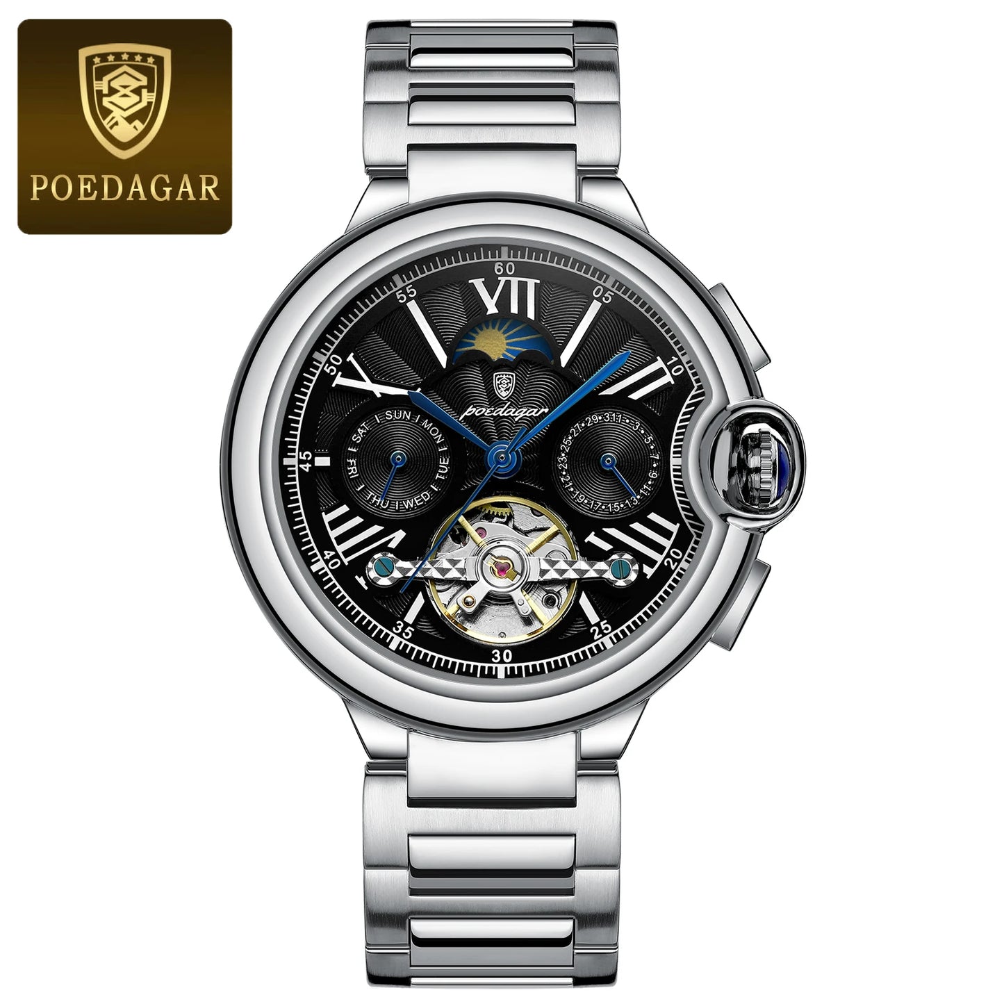 Automatic Skeleton Watch – Tourbillon Style with Moon Phase & Full Calendar