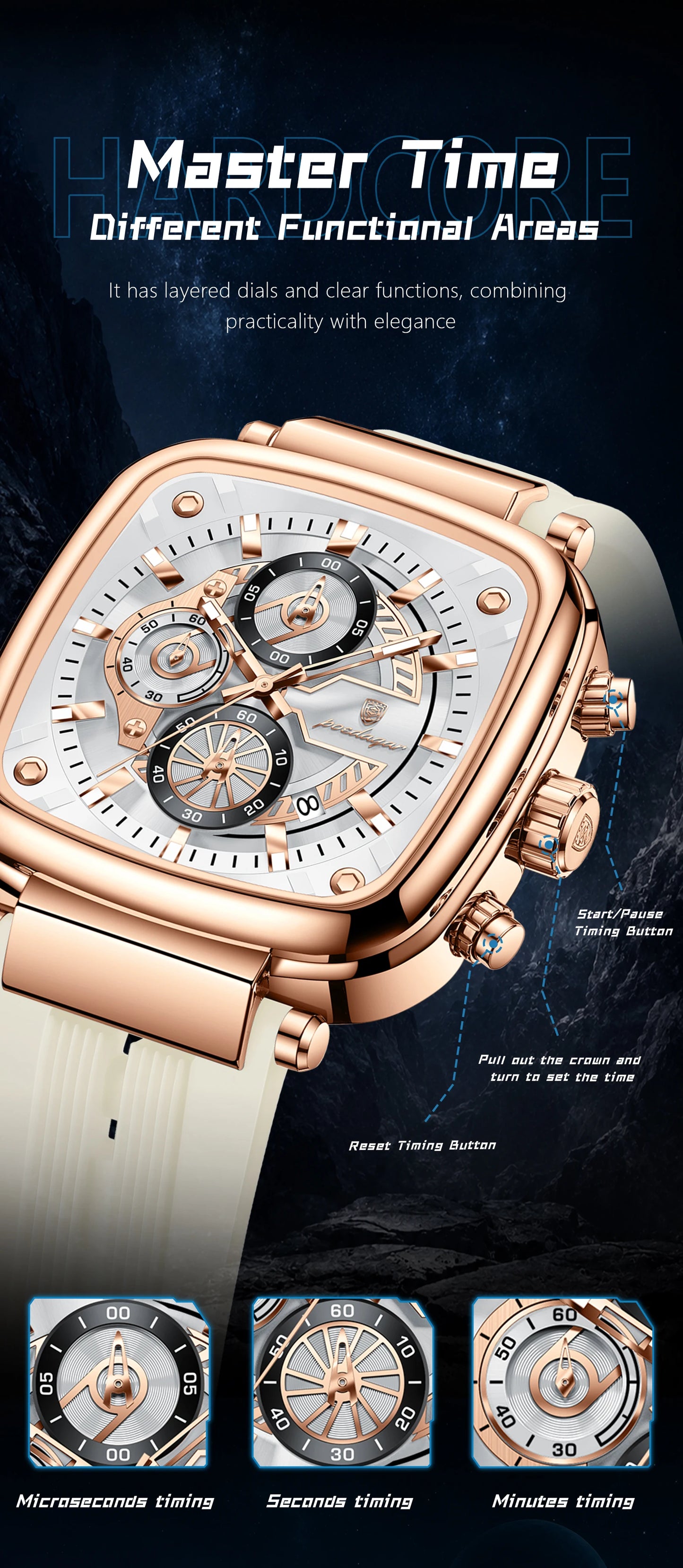 Square Chronograph Sport Watch – Luminous Dial with Silicone Strap & Date