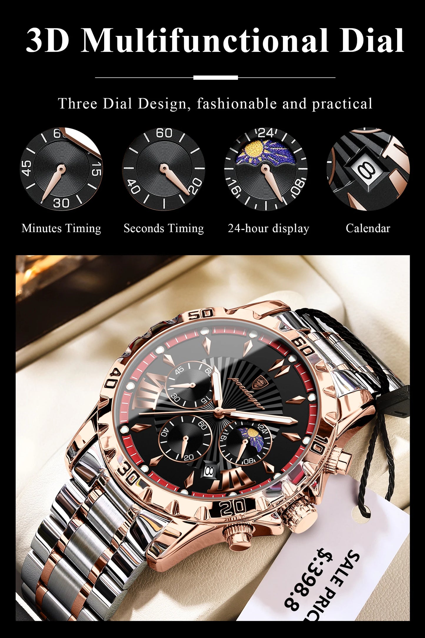Luxury Chronograph Watch – Sapphire Crystal with Numberless Dial & Hidden Clasp