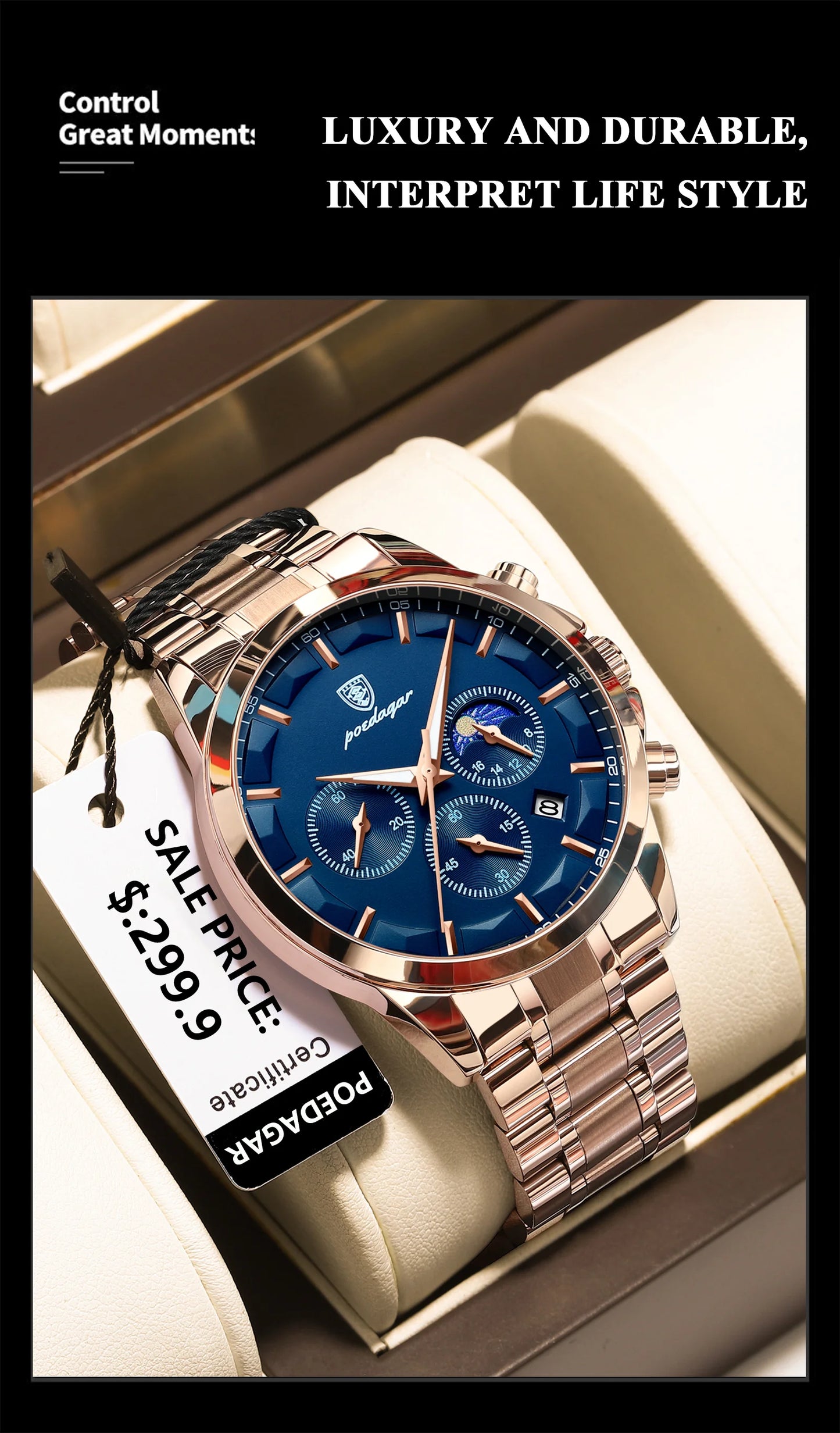 Moon Phase Full Calendar Watch – Luminous Dial with Stainless Steel Bracelet