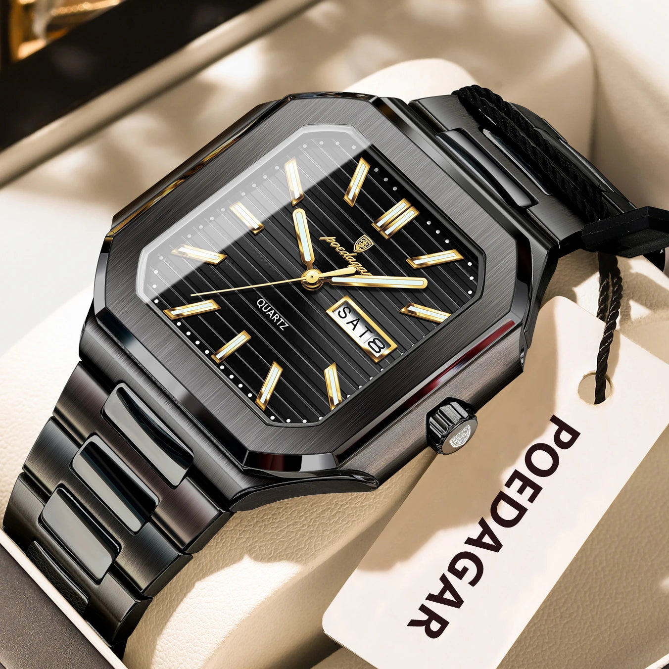 Square Stainless Steel Watch – Luminous Numberless Dial with Hidden Clasp