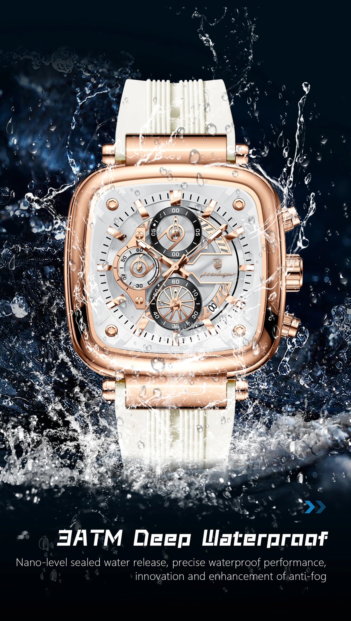 Square Chronograph Sport Watch – Luminous Dial with Silicone Strap & Date