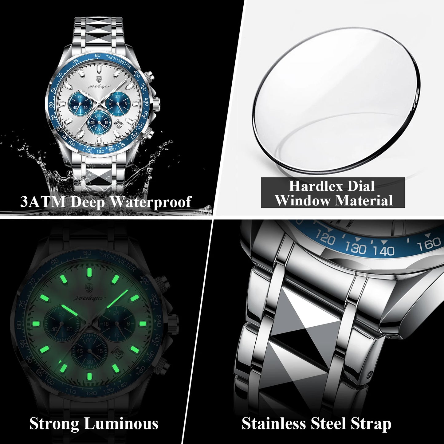 Chronograph Date Watch – Luminous Dial with Hidden Clasp Bracelet