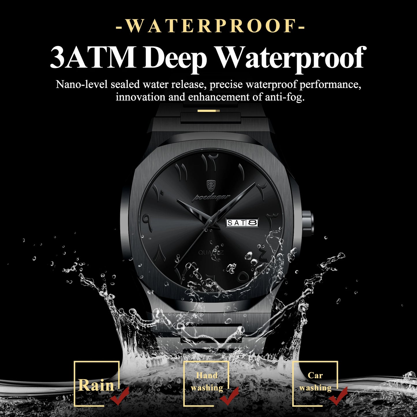 Irregular Shape Stainless Steel Watch – Full Calendar with Date & Week Display