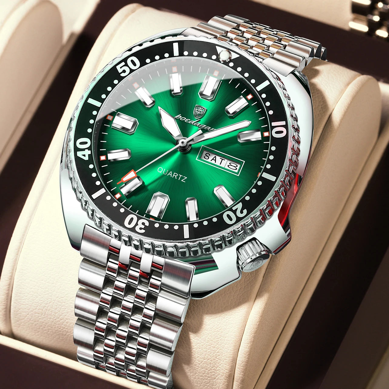 Large Full Calendar Watch – Luminous Numberless Dial with Hidden Clasp Bracelet
