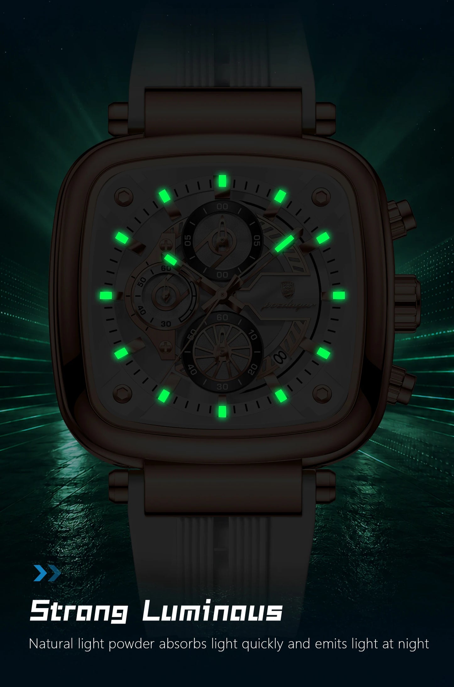 Square Chronograph Sport Watch – Luminous Dial with Silicone Strap & Date