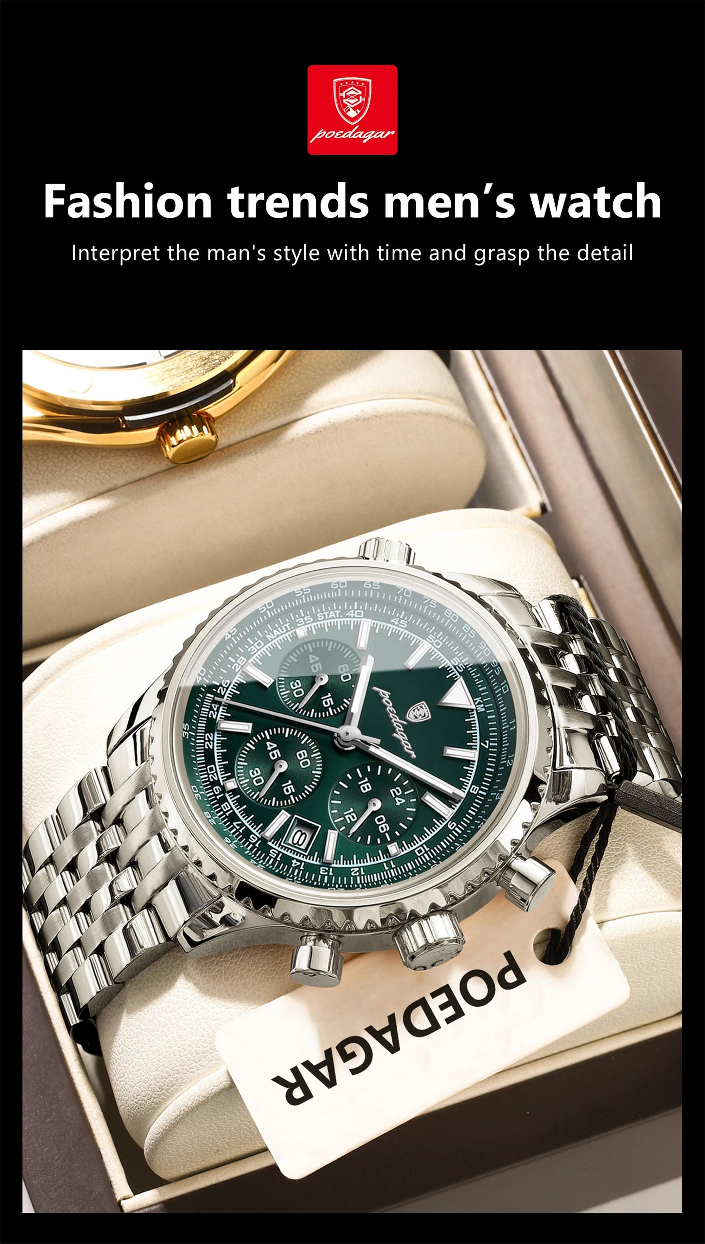 Chronograph Date Watch – Luminous Numberless Dial with Hidden Clasp Bracelet