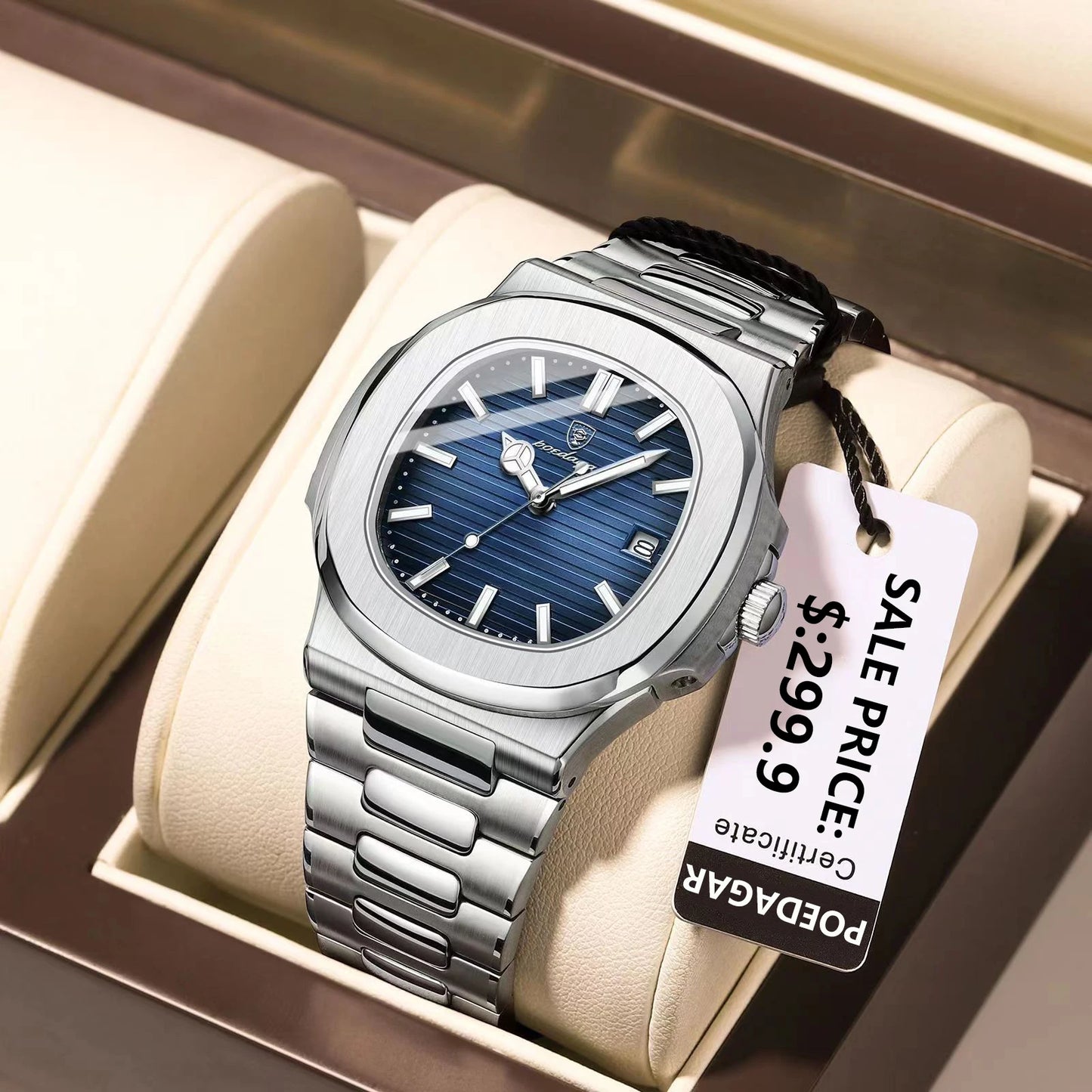 Square Business Watch – Luminous Numberless Dial with Hidden Clasp