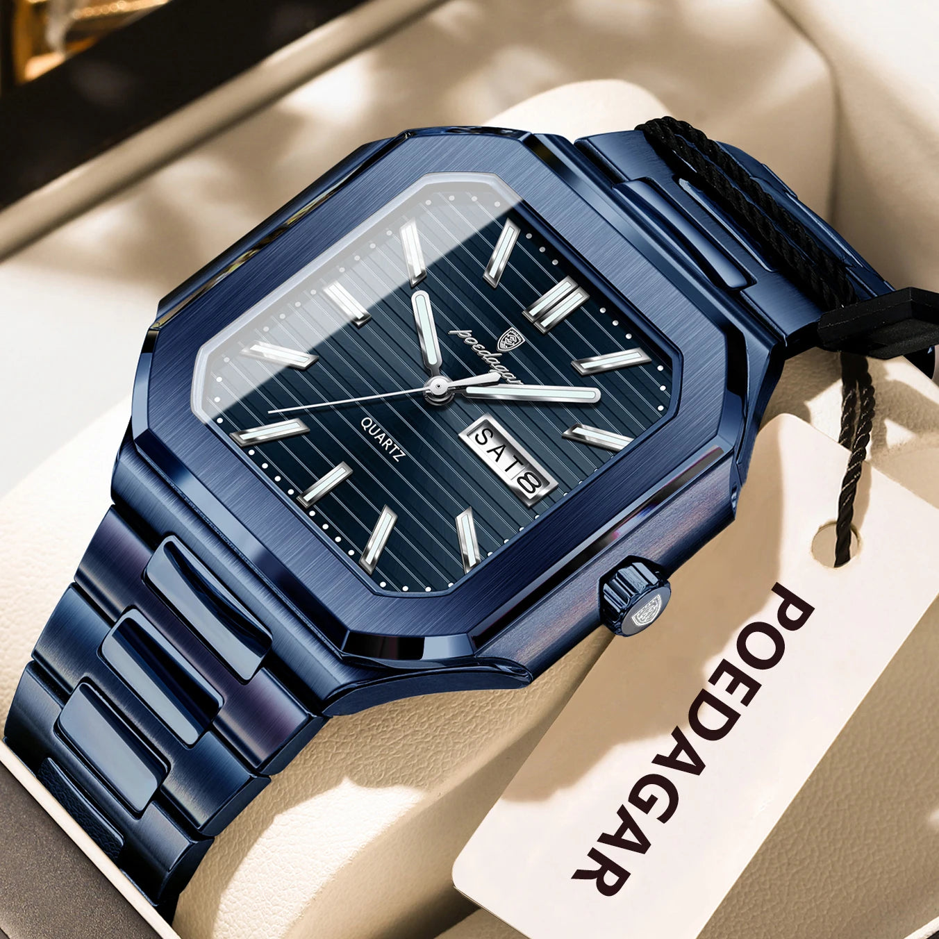 Square Stainless Steel Watch – Luminous Numberless Dial with Hidden Clasp