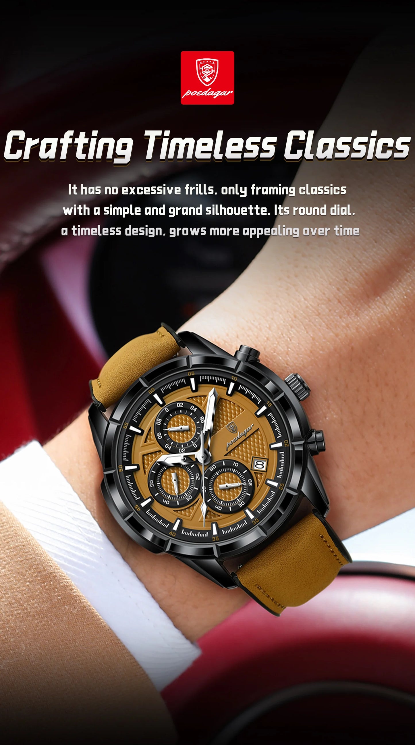Large Chronograph Watch – Arabic Dial with Leather Strap & Date