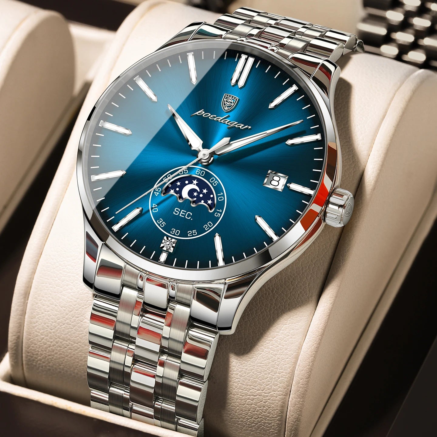 Round Business Chronograph – Slim Stainless Steel Watch with Luminous Hands & Date