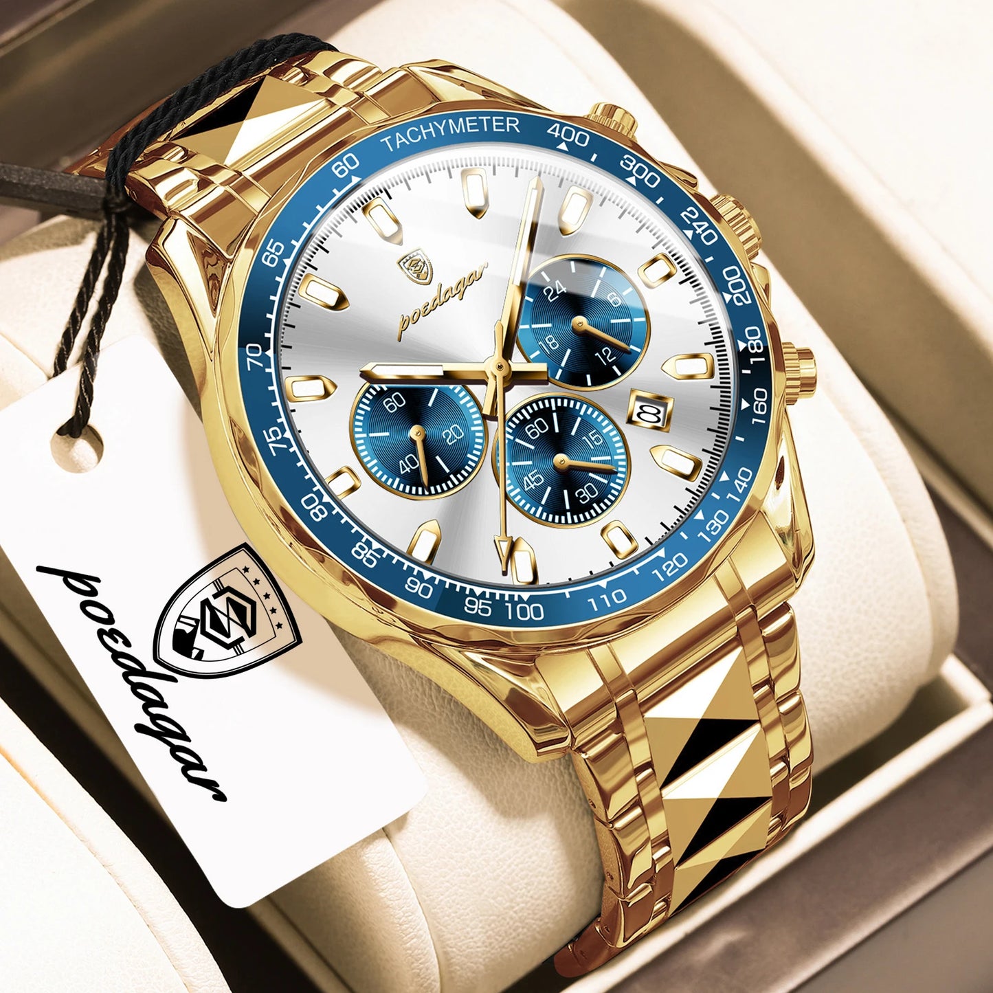 Chronograph Date Watch – Luminous Dial with Hidden Clasp Bracelet
