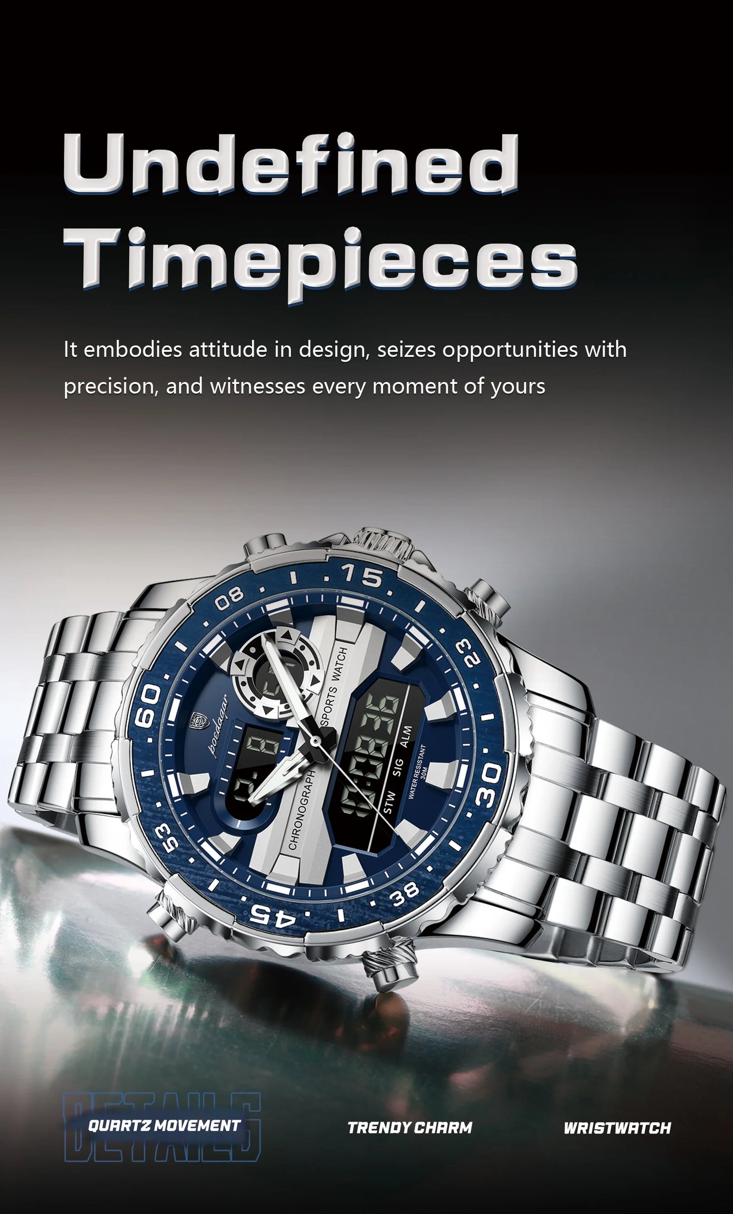 Square Chronograph Watch – Large Numberless Dial with Hidden Clasp Bracelet
