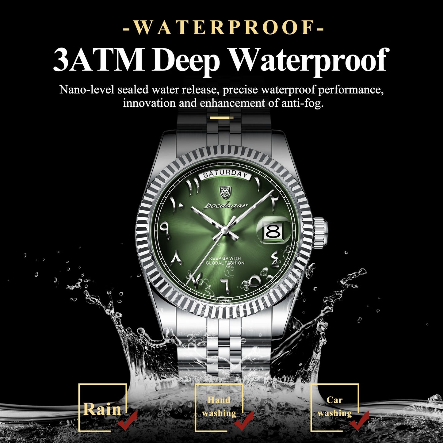 Full Calendar Slim Watch – Date & Week Display with Hidden Clasp Bracelet