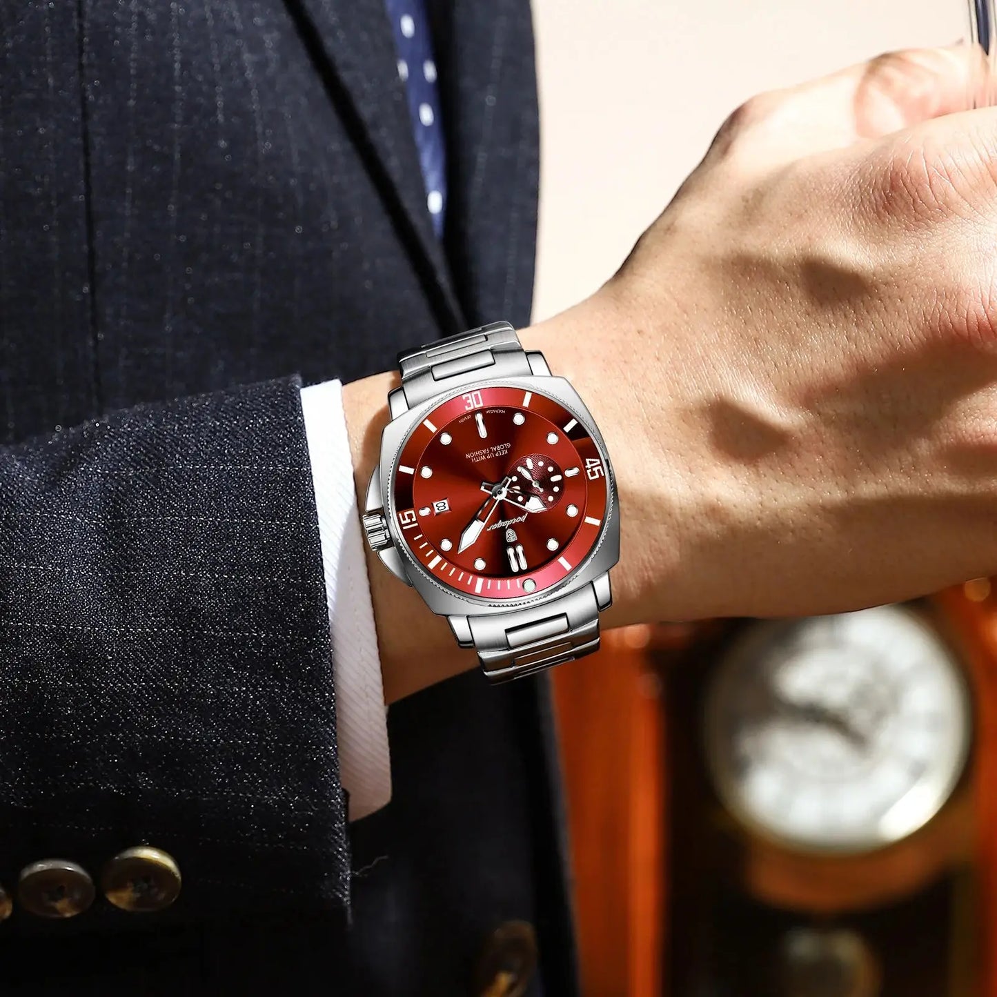 Business Date Watch – Luminous Numberless Dial with Hidden Clasp Bracelet