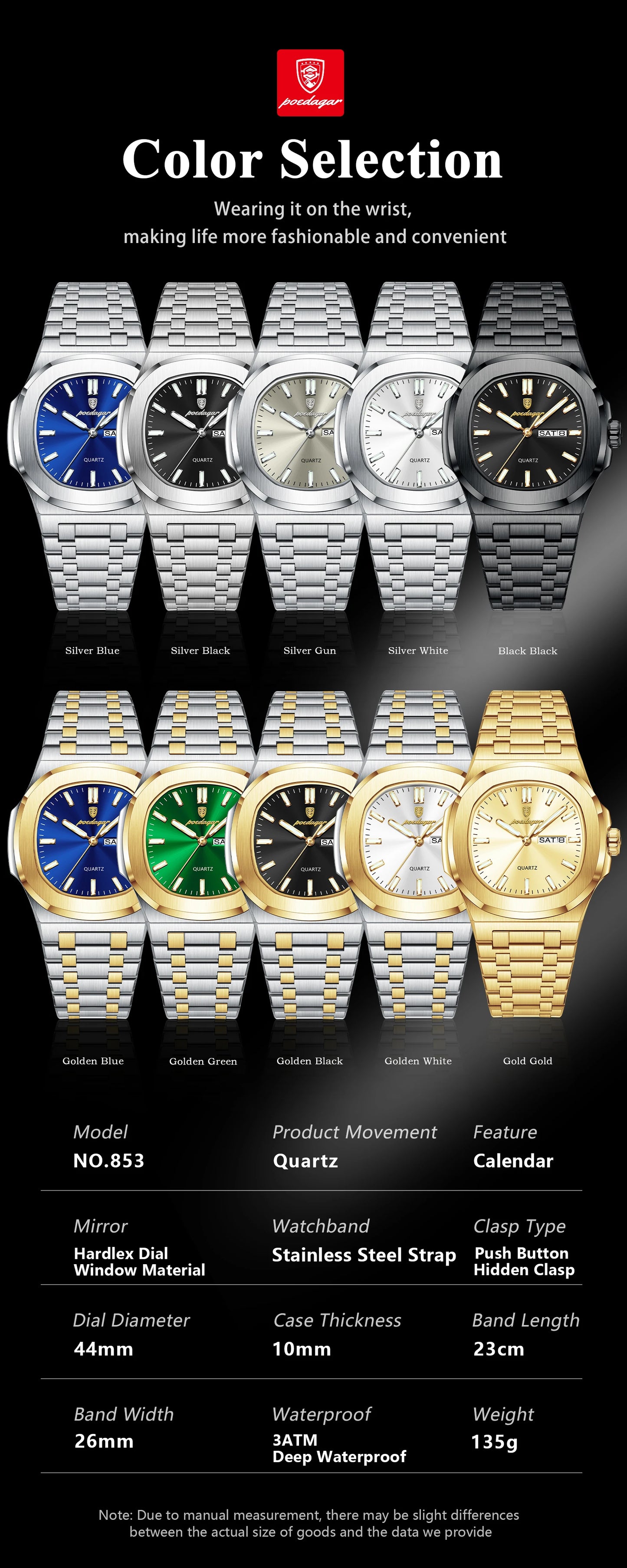 Square Full Calendar Watch – Date & Week Display with Hidden Clasp Bracelet