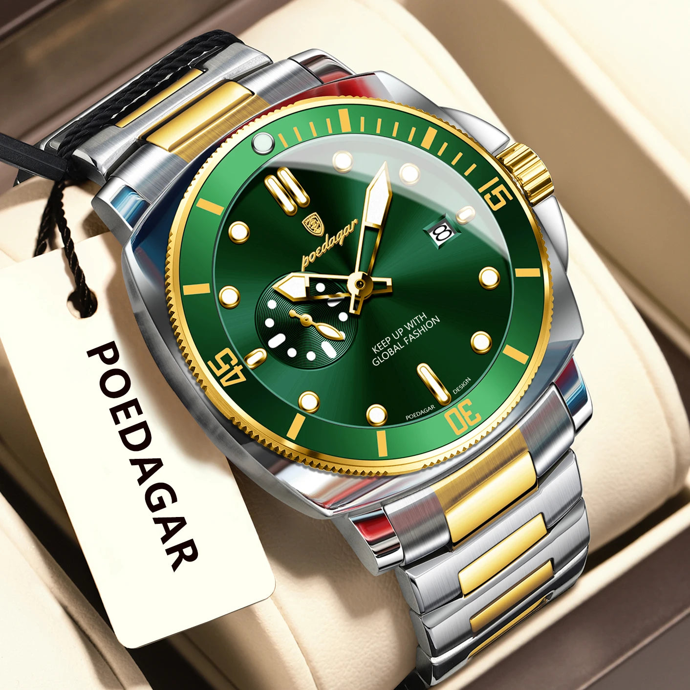 Business Date Watch – Luminous Numberless Dial with Hidden Clasp Bracelet
