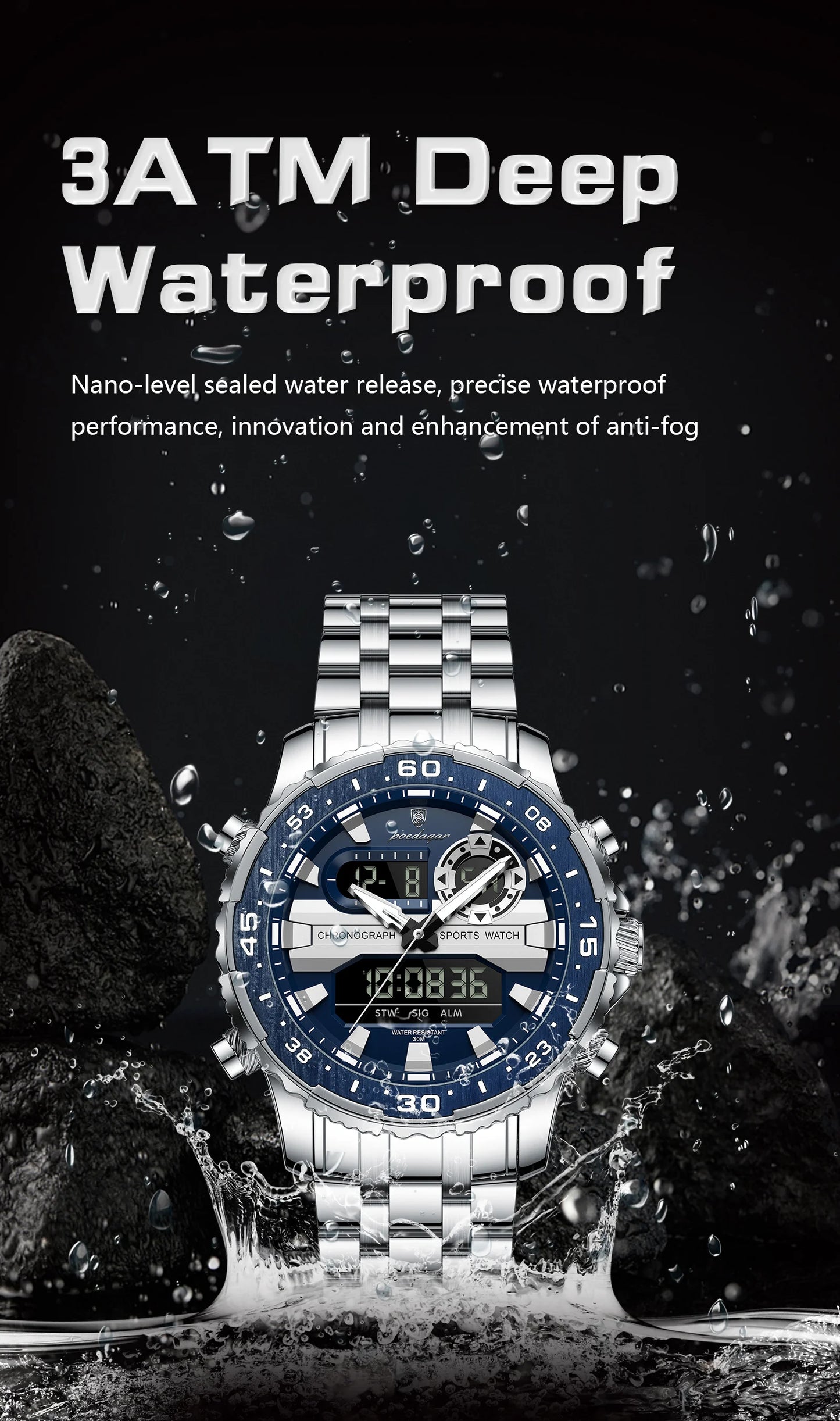 Square Chronograph Watch – Large Numberless Dial with Hidden Clasp Bracelet