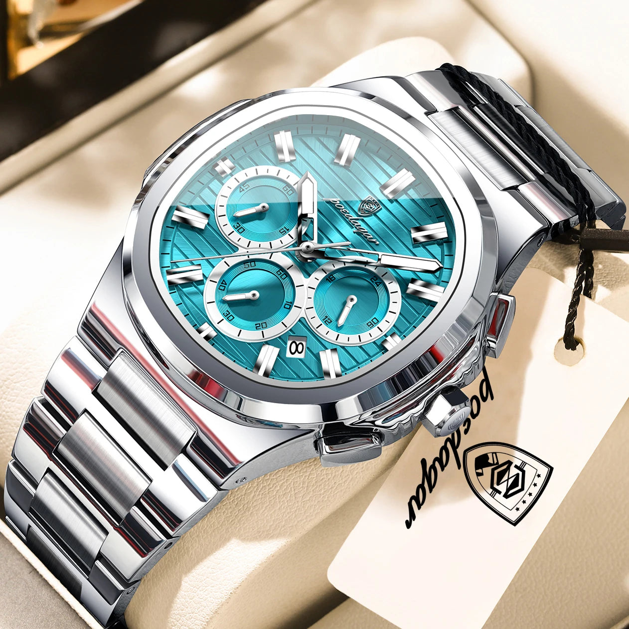 Square Chronograph Watch – Large Numberless Dial with Hidden Clasp Bracelet