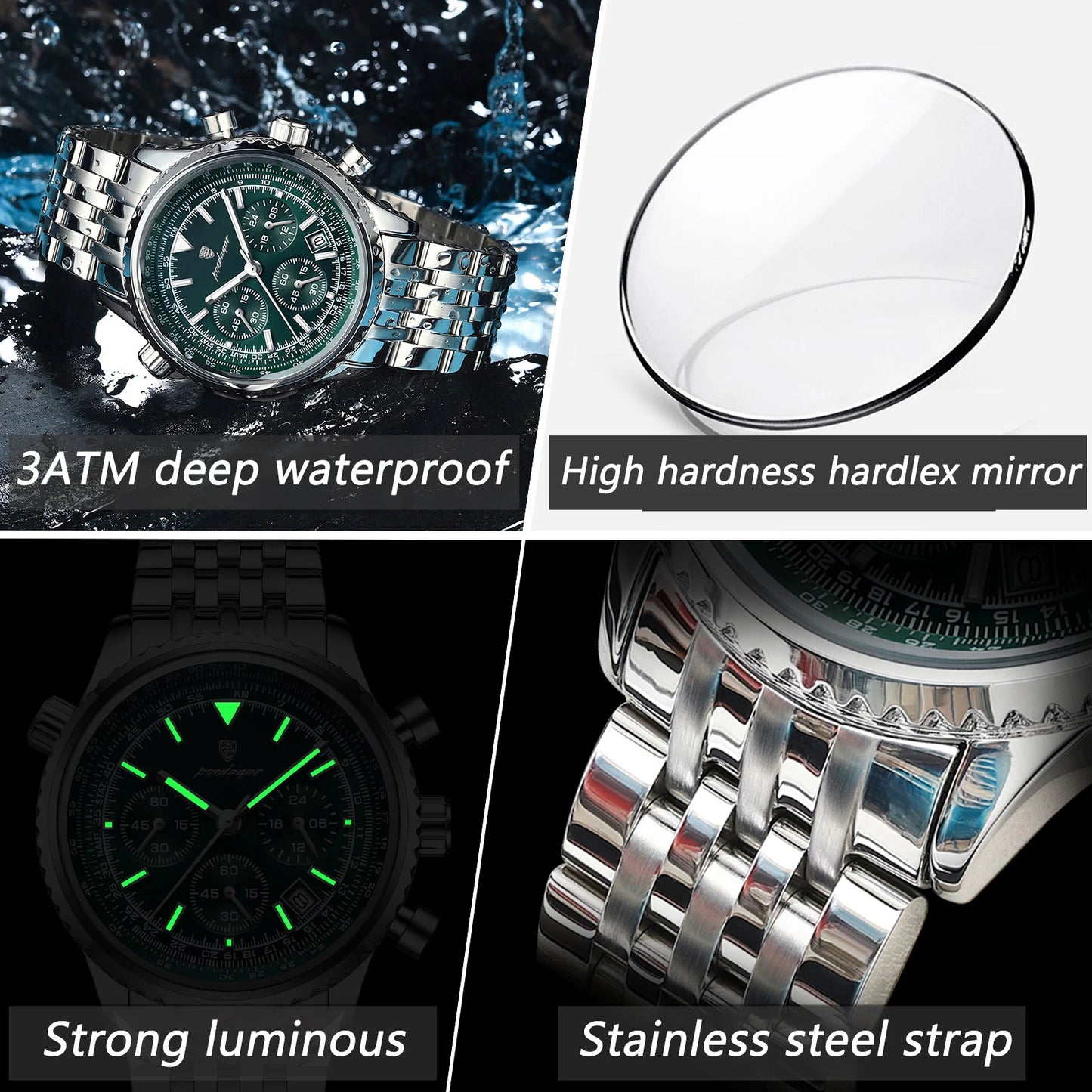 Chronograph Date Watch – Luminous Numberless Dial with Hidden Clasp Bracelet
