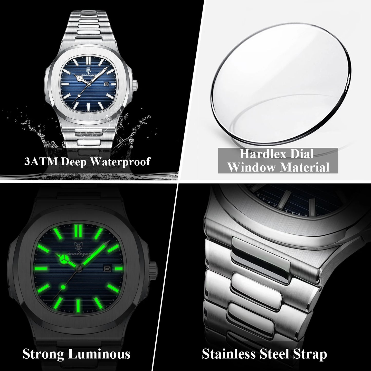 Square Stainless Steel Gift Set – Date Display with Luminous Dial & Hidden Clasp