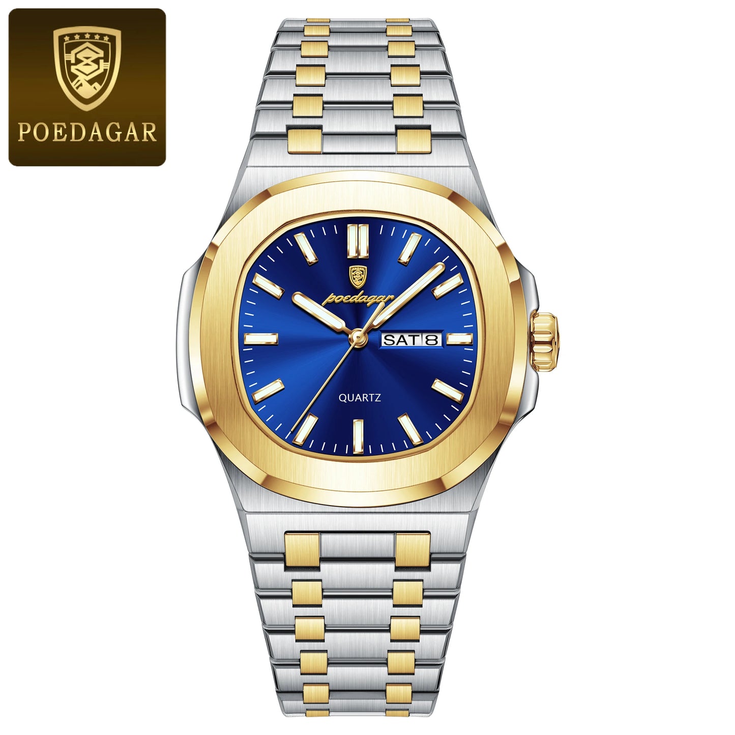 Square Full Calendar Watch – Date & Week Display with Hidden Clasp Bracelet