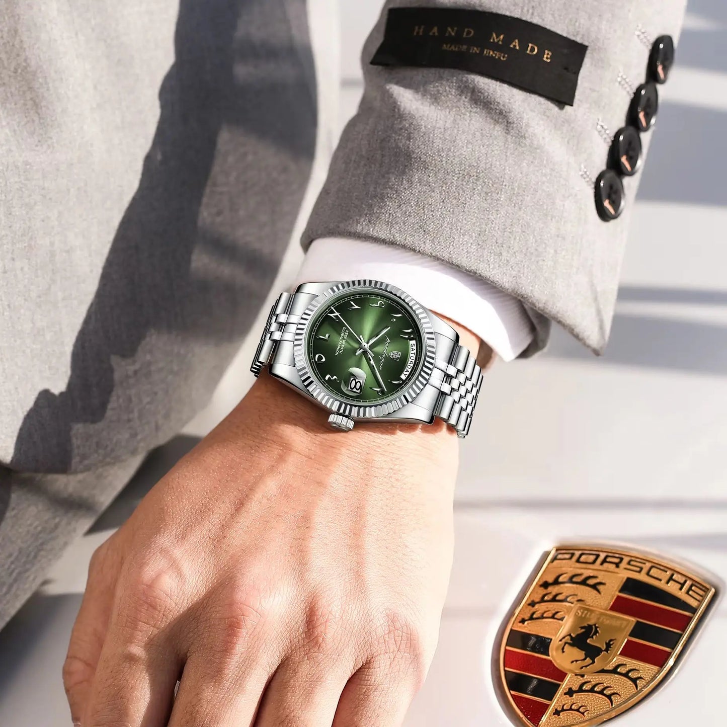 Full Calendar Slim Watch – Date & Week Display with Hidden Clasp Bracelet