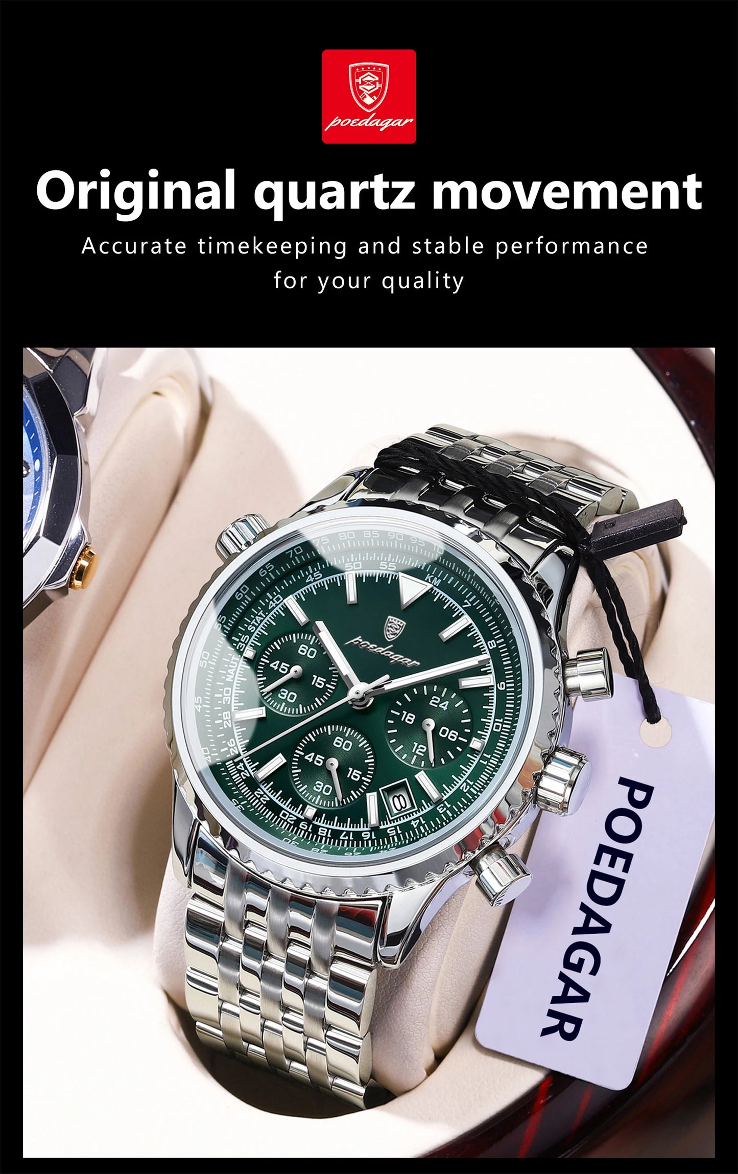 Chronograph Date Watch – Luminous Numberless Dial with Hidden Clasp Bracelet