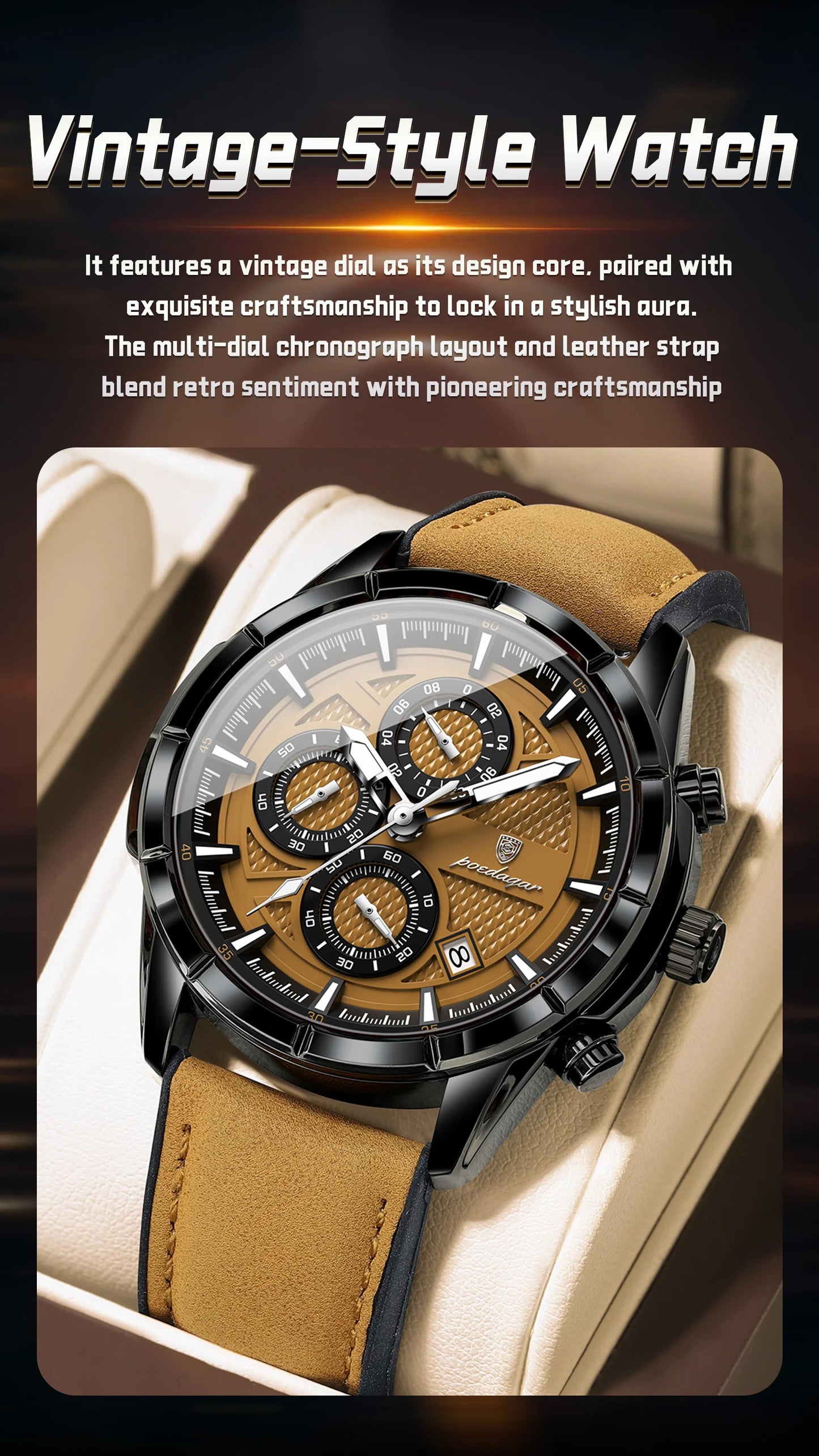 Large Chronograph Watch – Arabic Dial with Leather Strap & Date