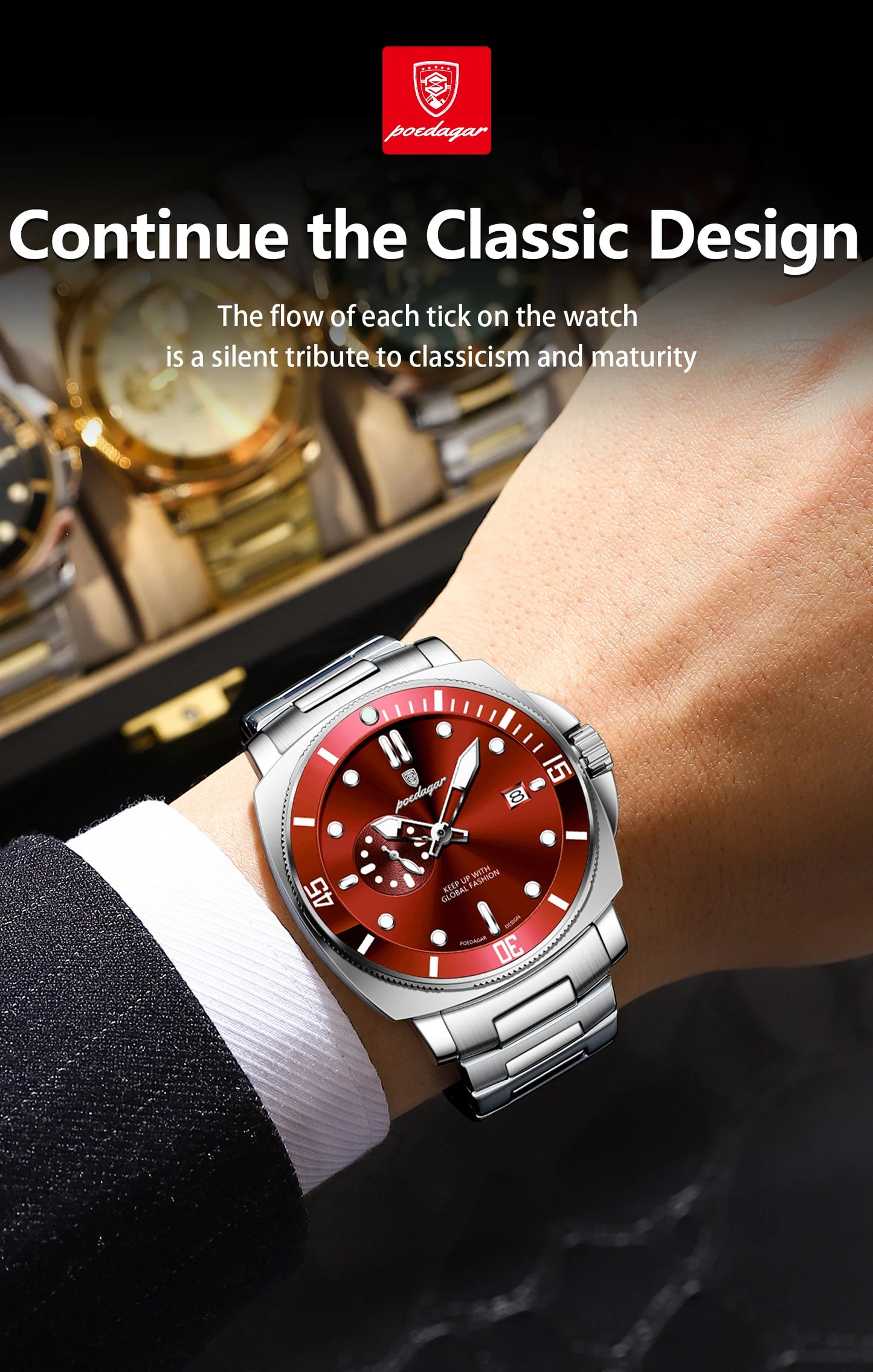 Business Date Watch – Luminous Numberless Dial with Hidden Clasp Bracelet