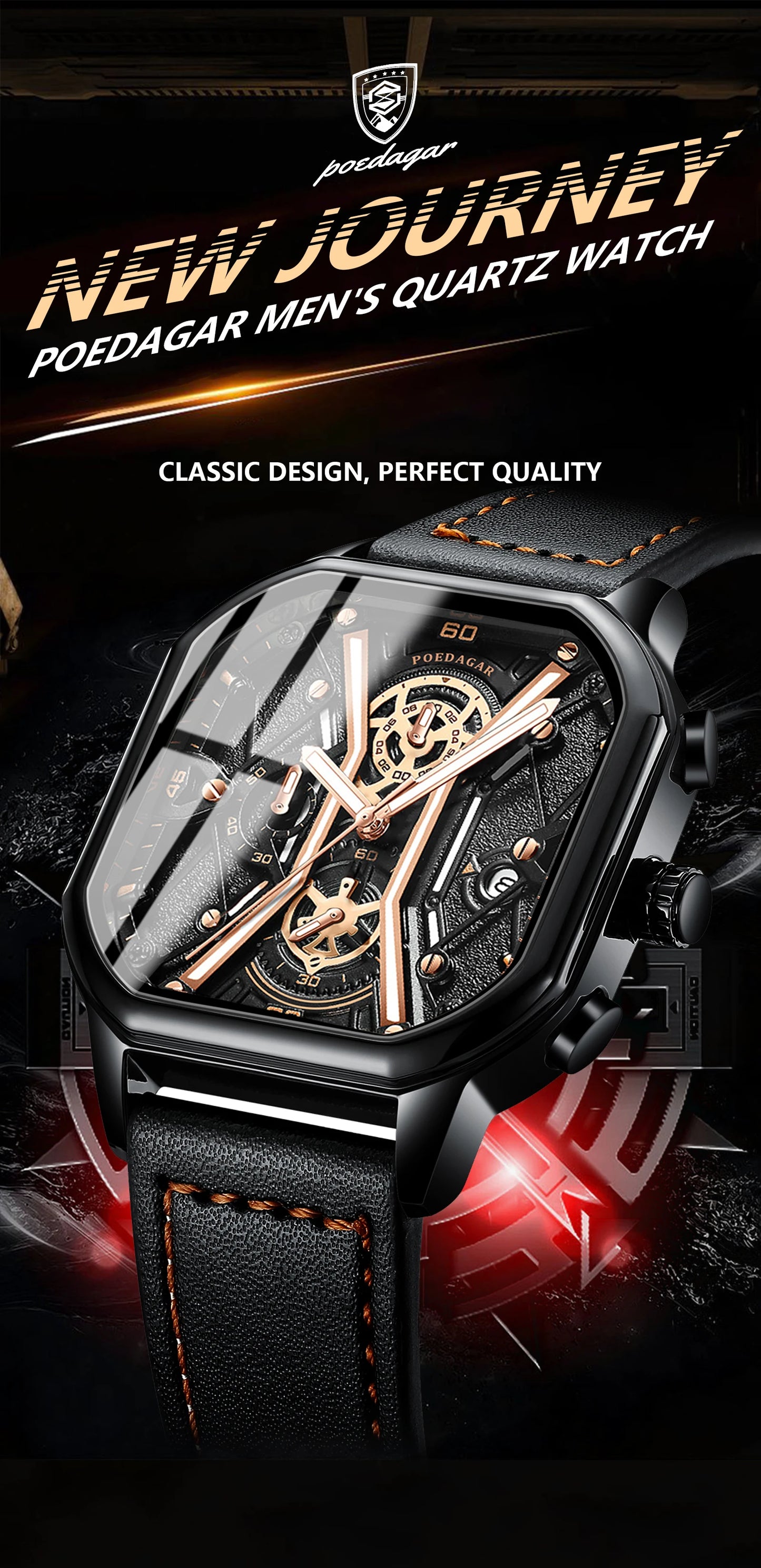 Square Chronograph Watch – Full Calendar with Leather Strap & Luminous Dial