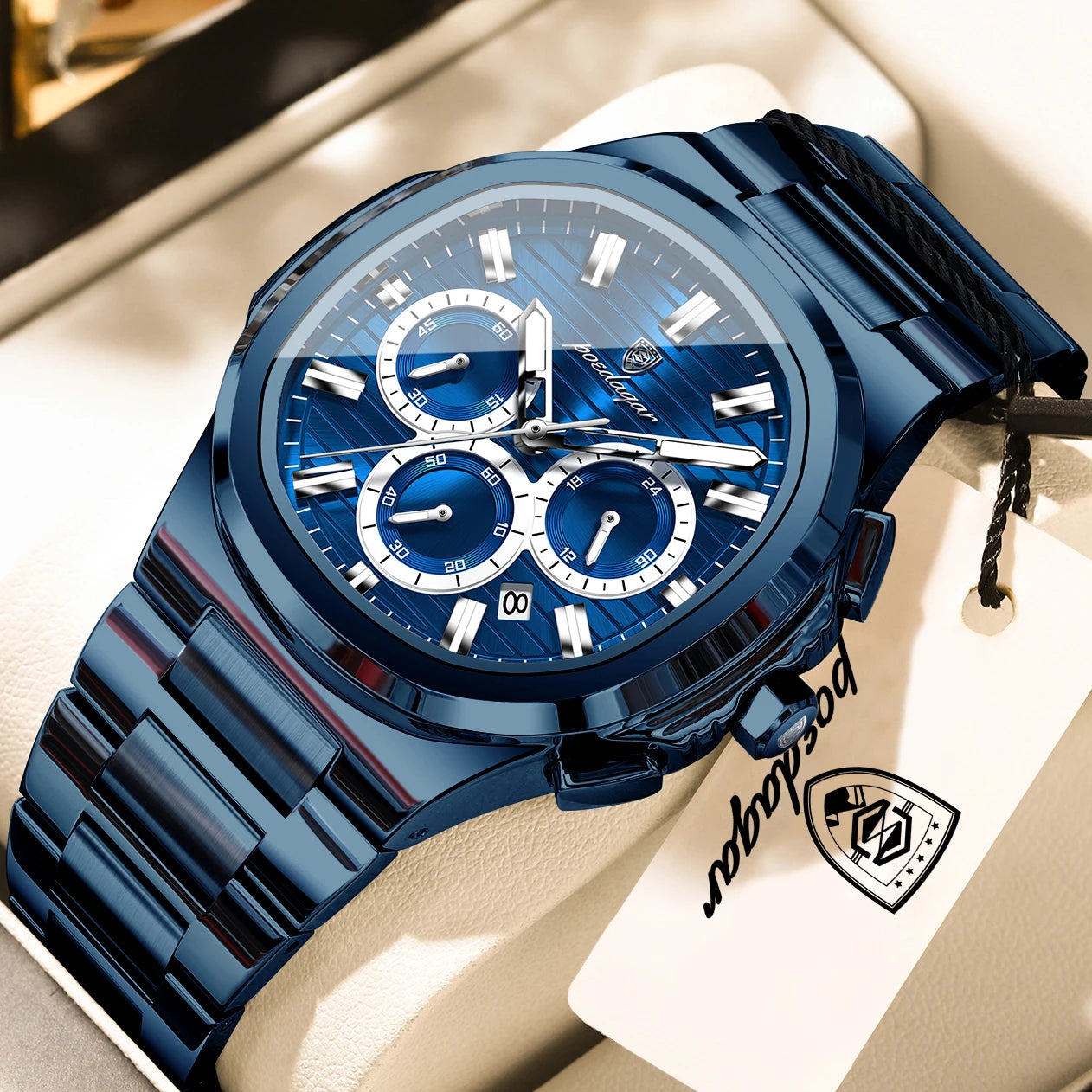 Square Chronograph Watch – Large Numberless Dial with Hidden Clasp Bracelet