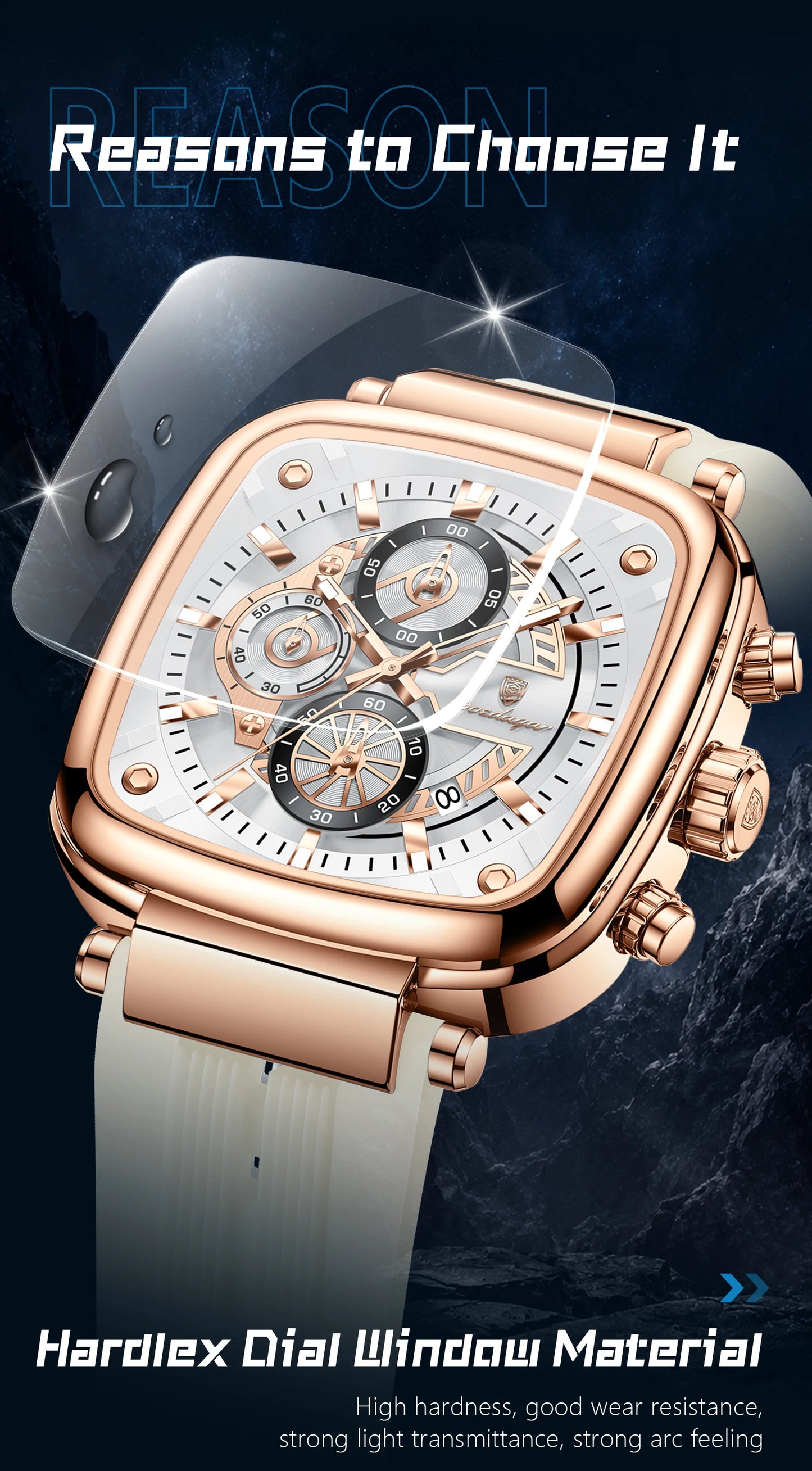 Square Chronograph Sport Watch – Luminous Dial with Silicone Strap & Date