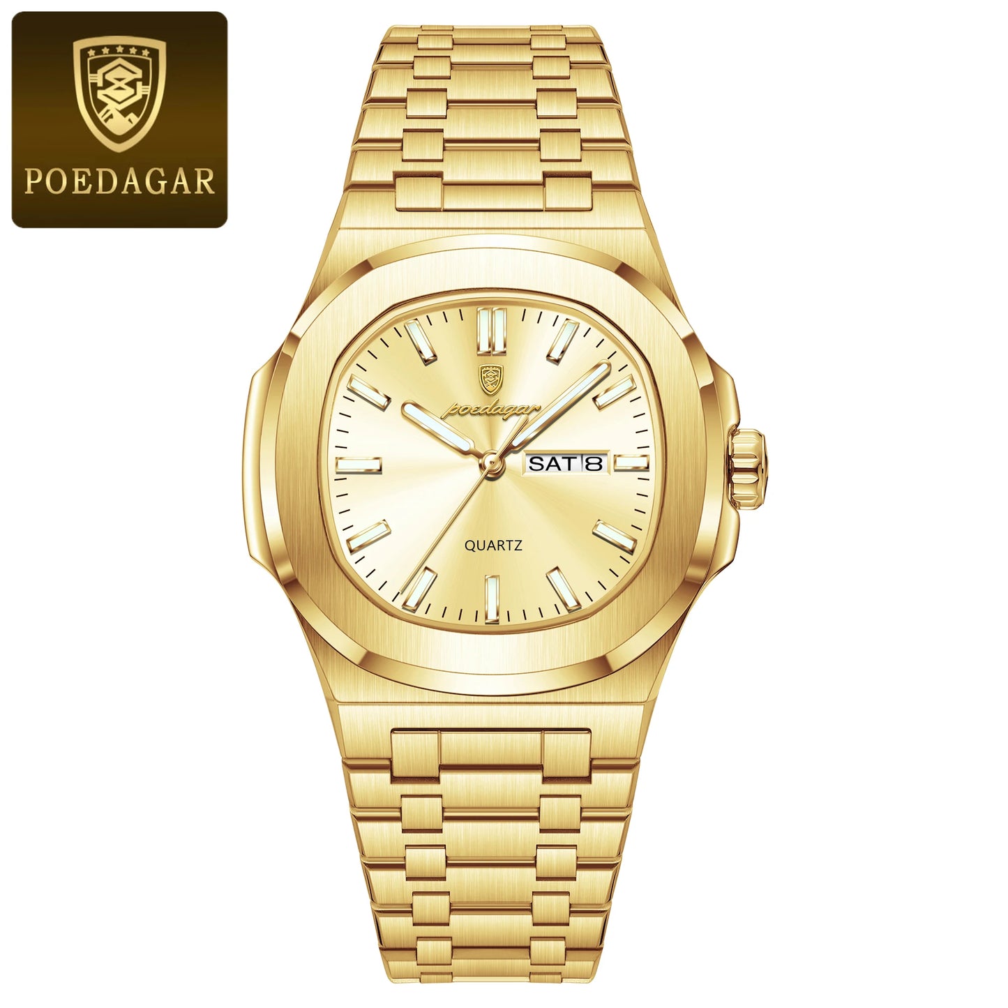 Square Full Calendar Watch – Date & Week Display with Hidden Clasp Bracelet