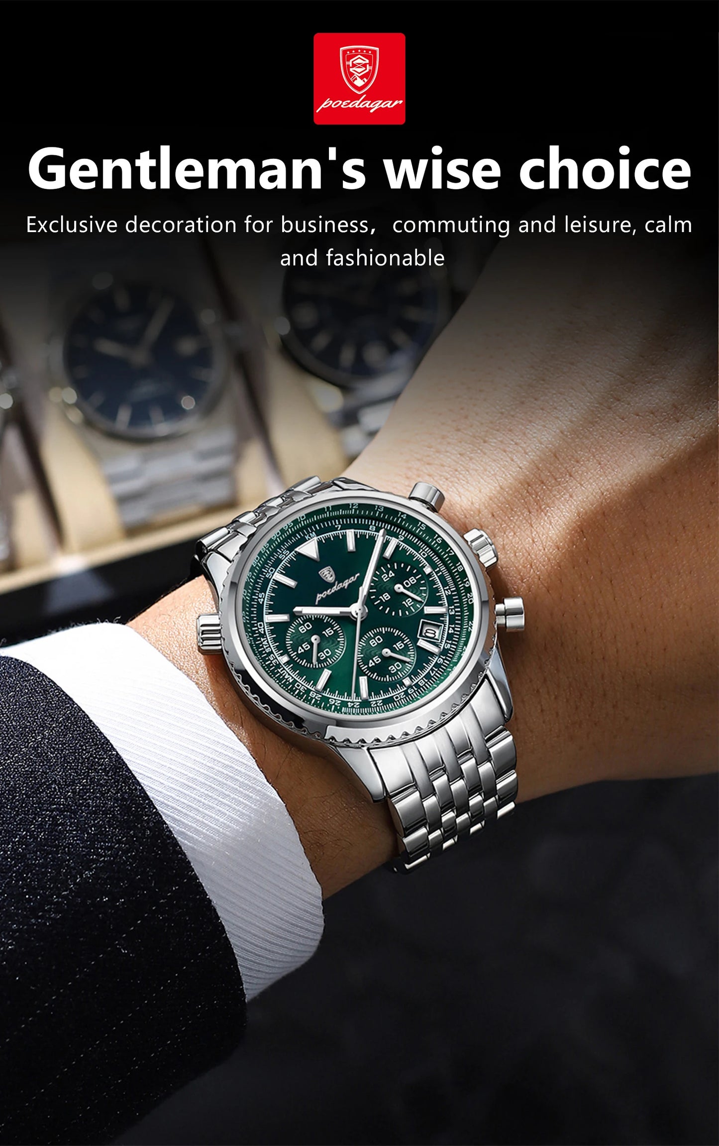 Chronograph Date Watch – Luminous Numberless Dial with Hidden Clasp Bracelet