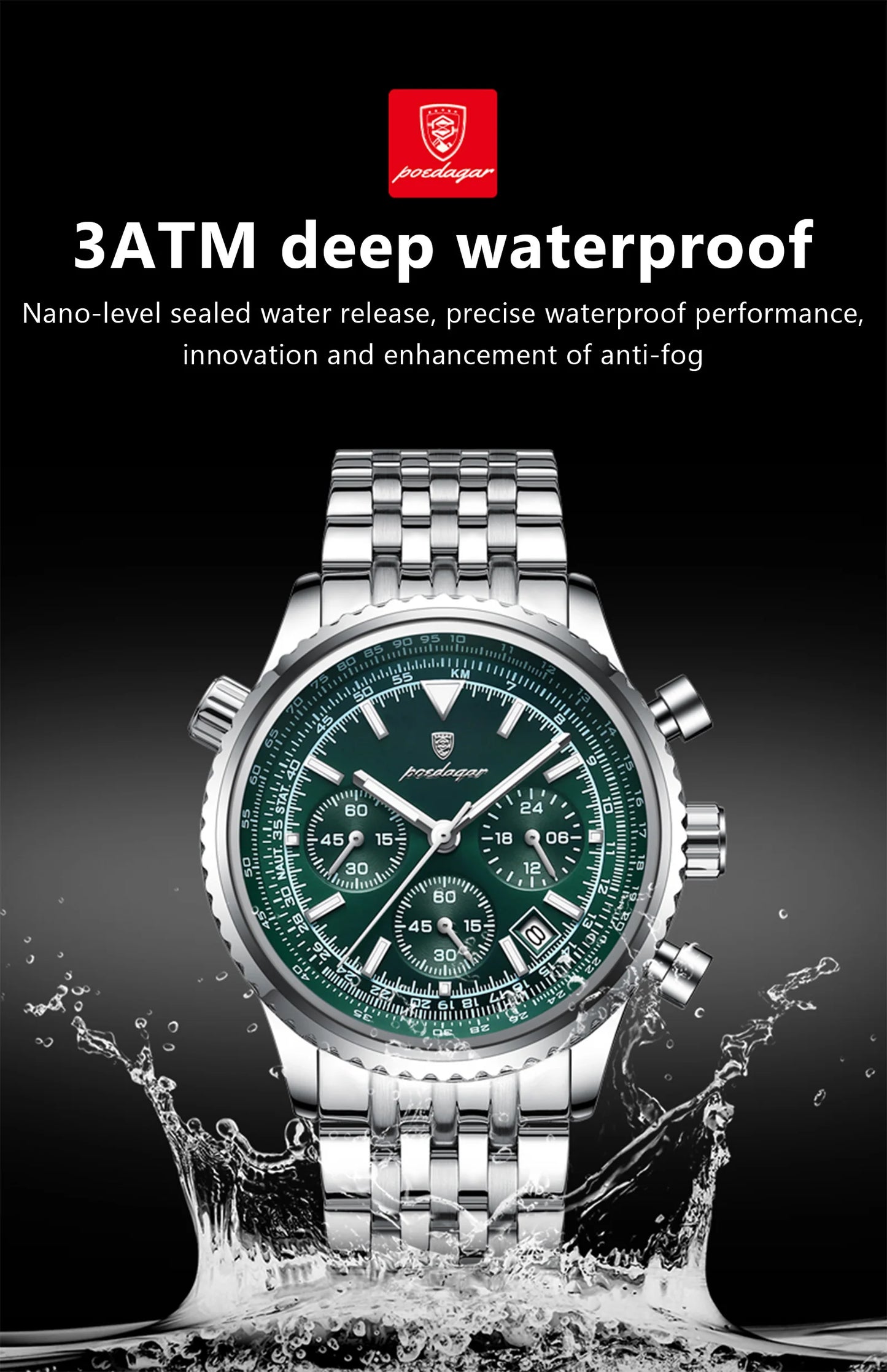 Chronograph Date Watch – Luminous Numberless Dial with Hidden Clasp Bracelet