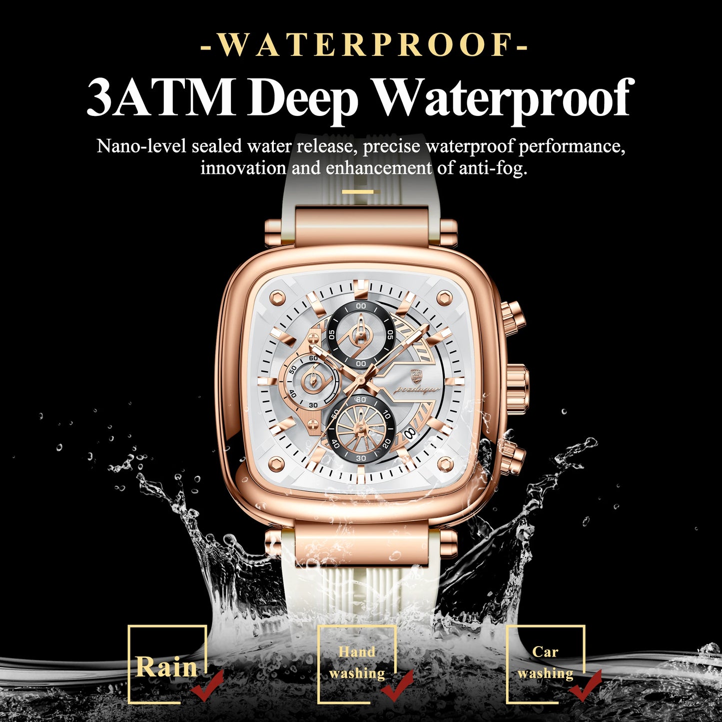 Square Chronograph Sport Watch – Luminous Dial with Silicone Strap & Date