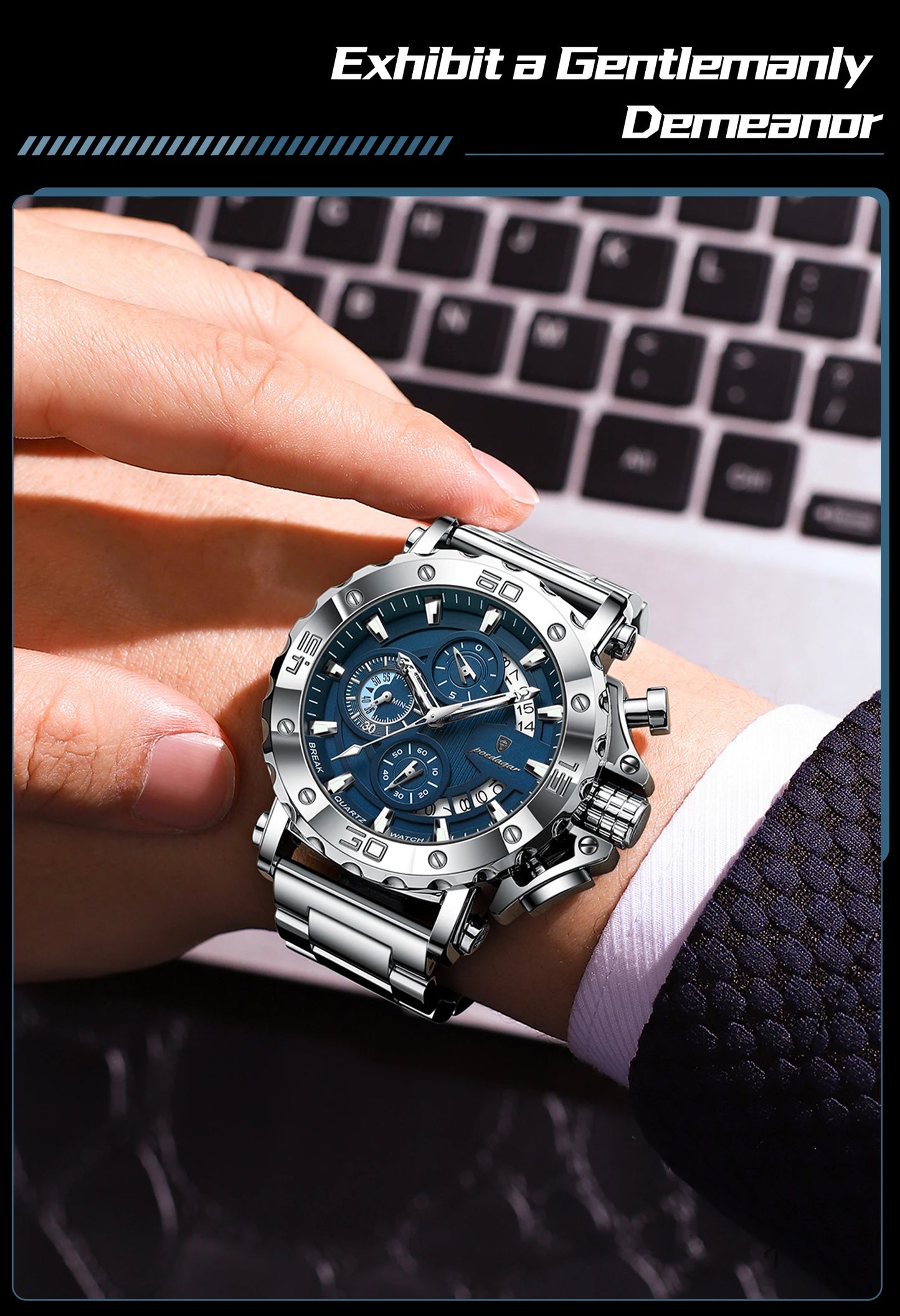 Large Chronograph Watch – Luminous Numberless Dial with Hidden Clasp