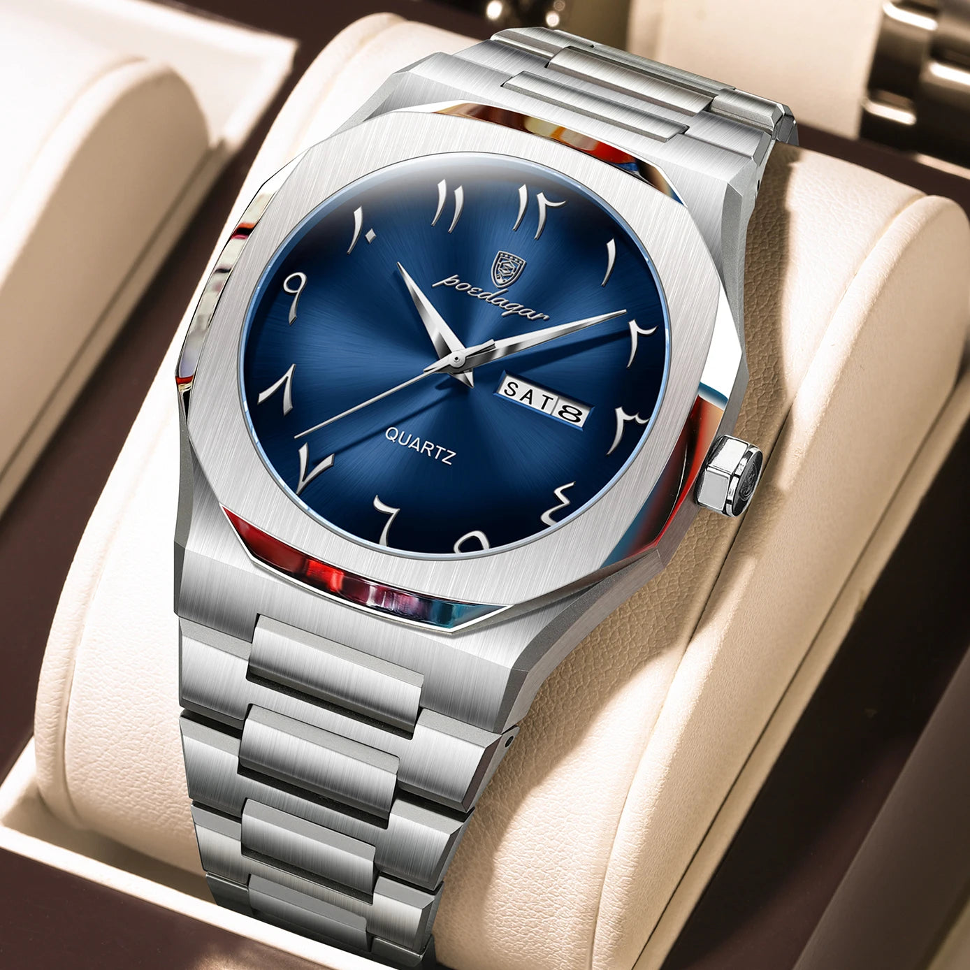 Irregular Shape Stainless Steel Watch – Full Calendar with Date & Week Display