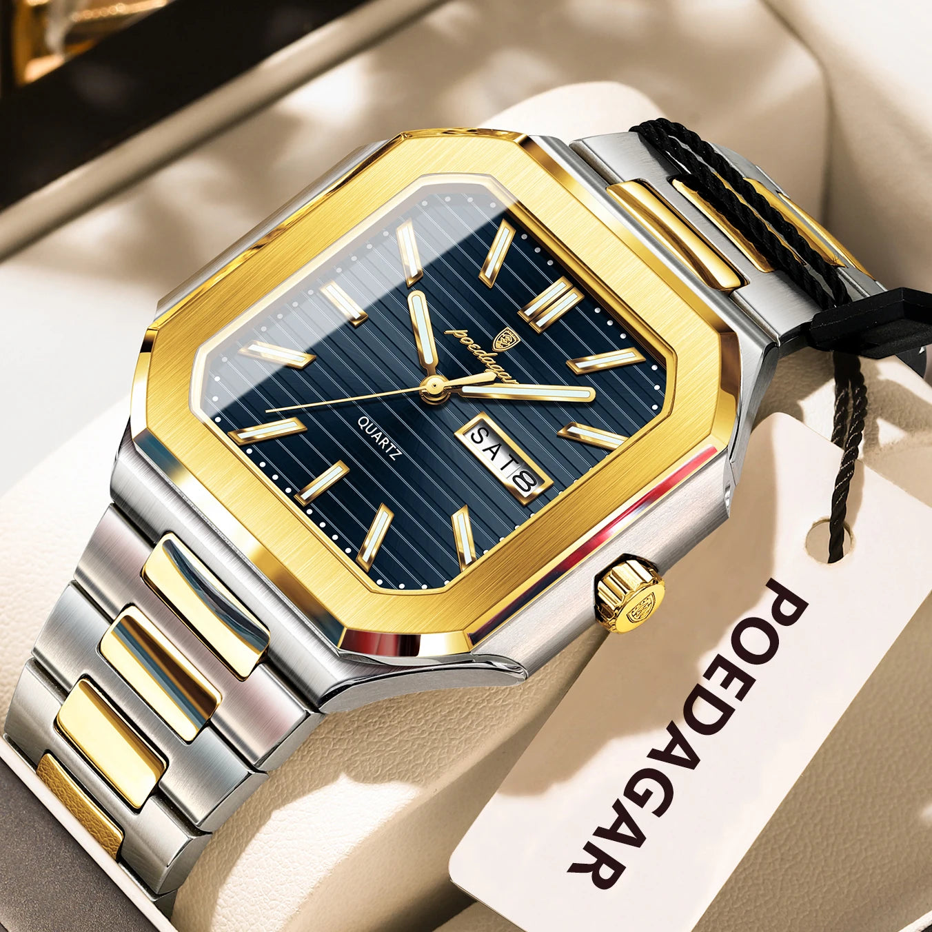 Square Stainless Steel Watch – Luminous Numberless Dial with Hidden Clasp